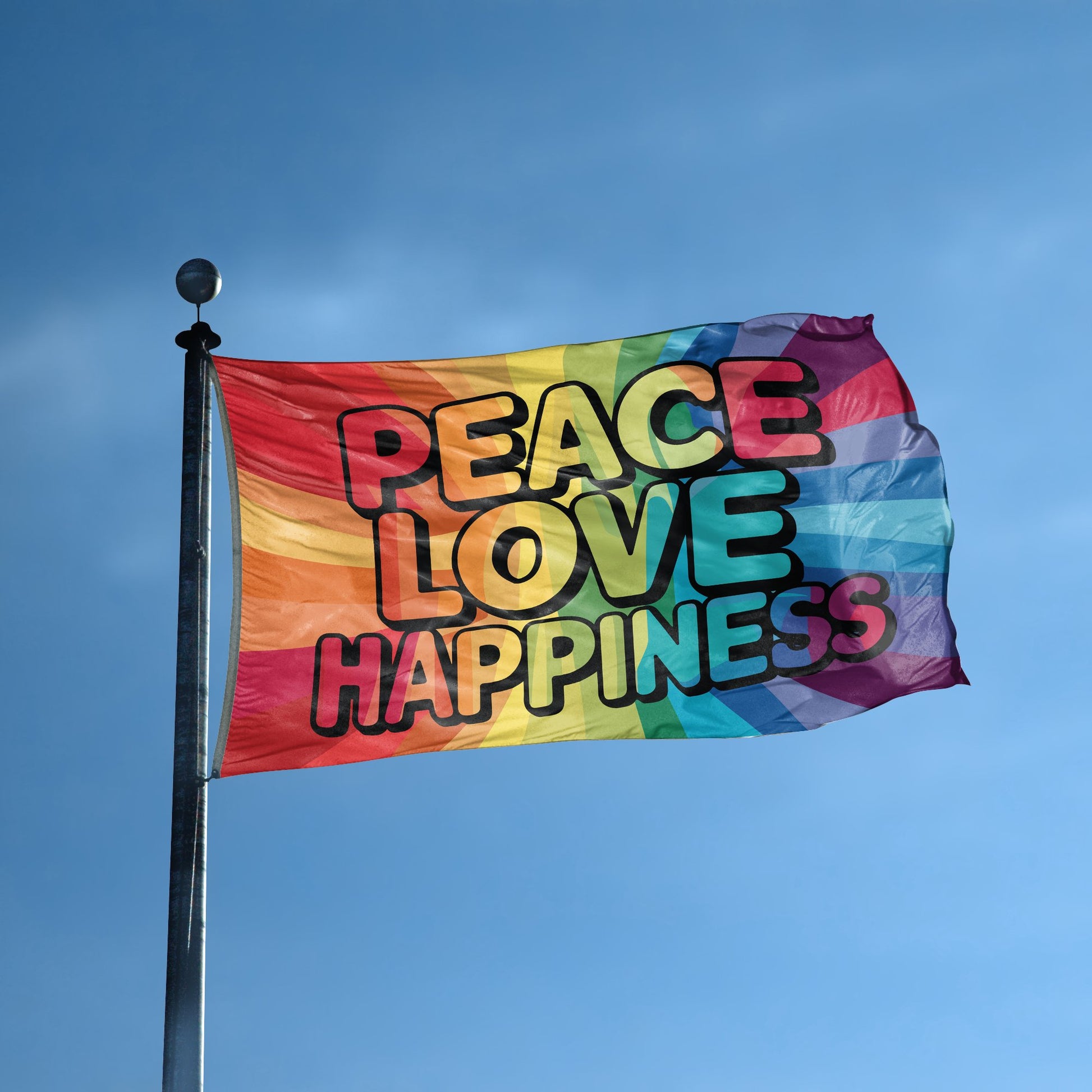 A flag with the saying "Peace Love Happiness Rainbow" displayed on a high pole, with a special occasion color scheme.