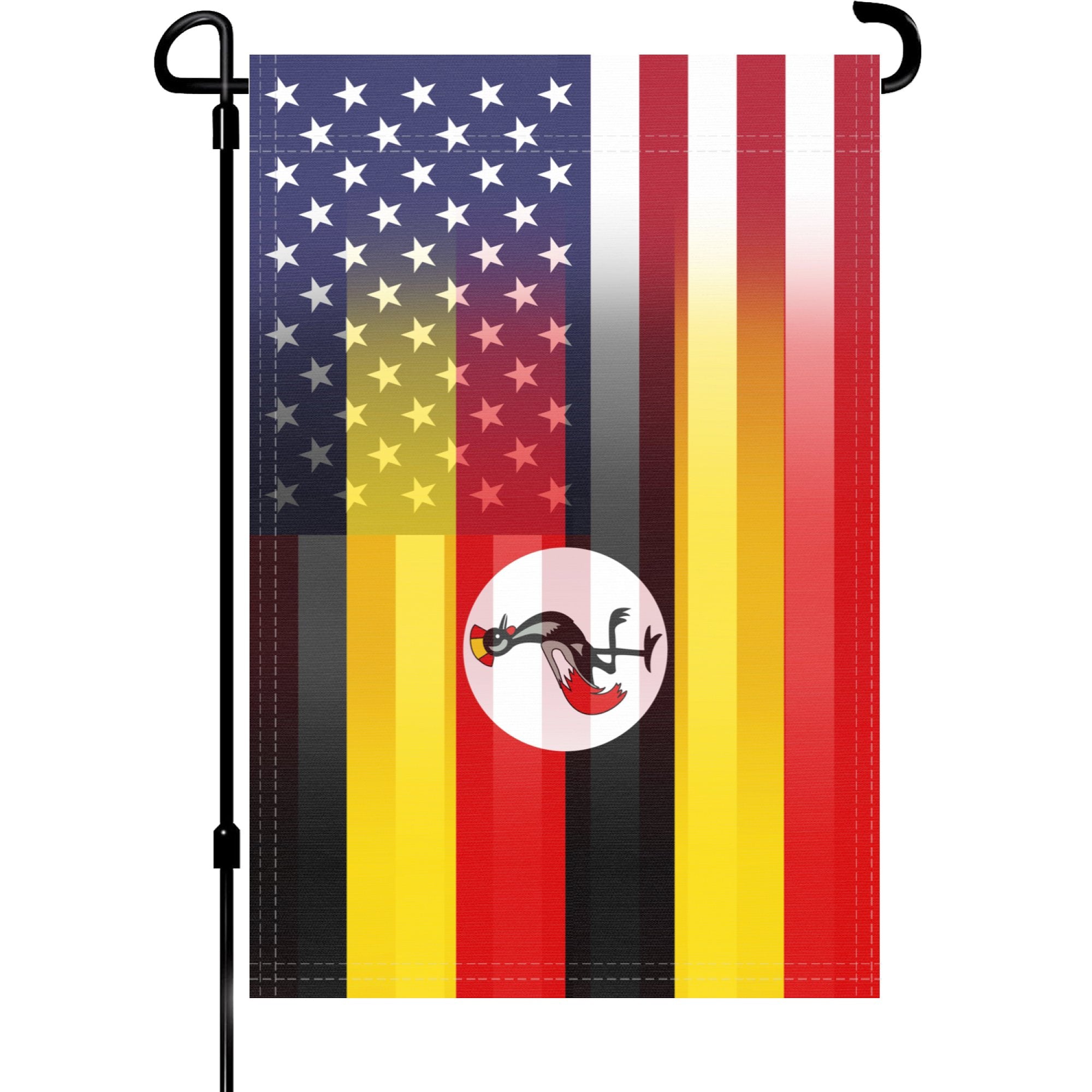 A garden flag on a pole with the Ugandan American flag design seamlessly blended with the American flag.