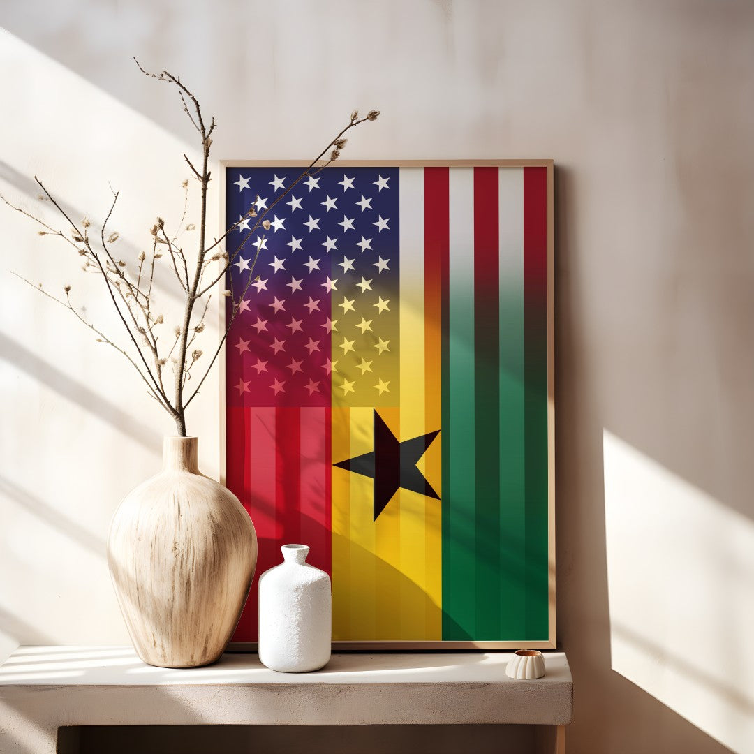 Blended US and Ghanaian flag print in a wooden frame, showcasing American stars & stripes merged with Ghanaian’s emblem, displayed on a tabletop.