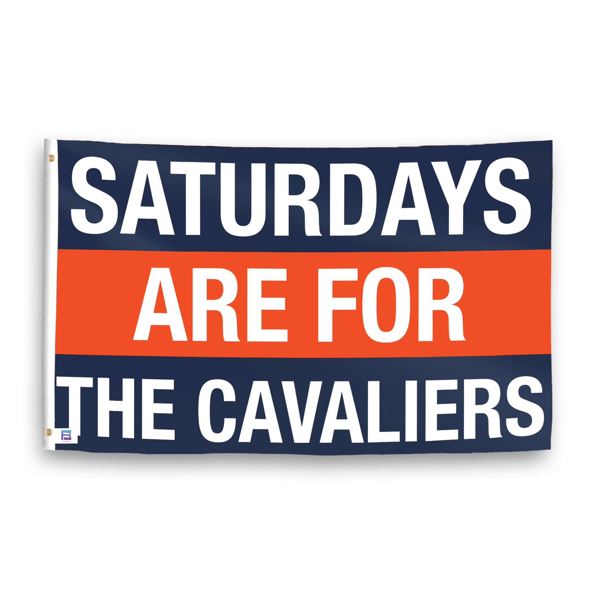 A flag with the saying "Saturdays Are for the Cavaliers", with the sports team color scheme.