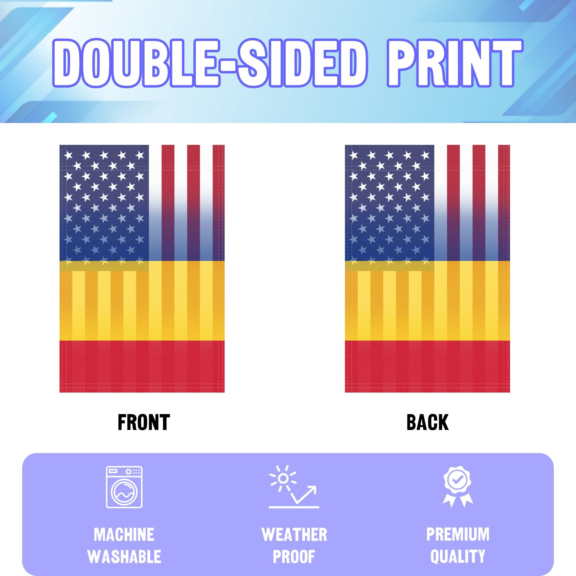 An infographic showing the double sided and high quality characteristics of the Romanian American American hybrid garden flag.