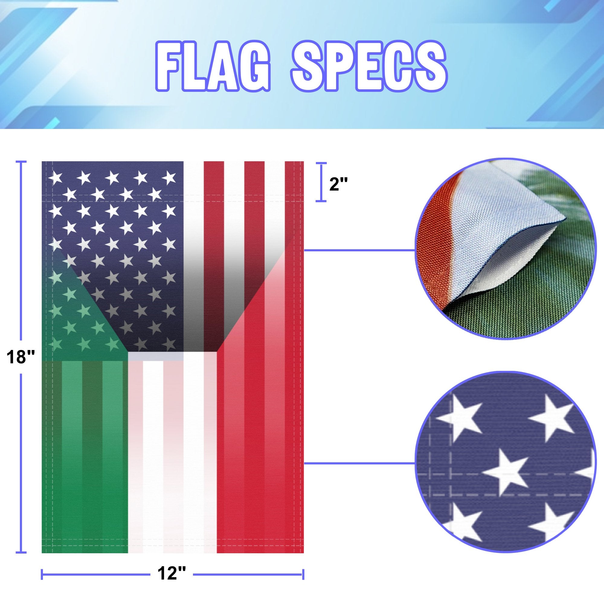 12 inch by 18 inch size specifications of a garden flag with the Kuwaiti American flag design seamlessly blended with the American flag.