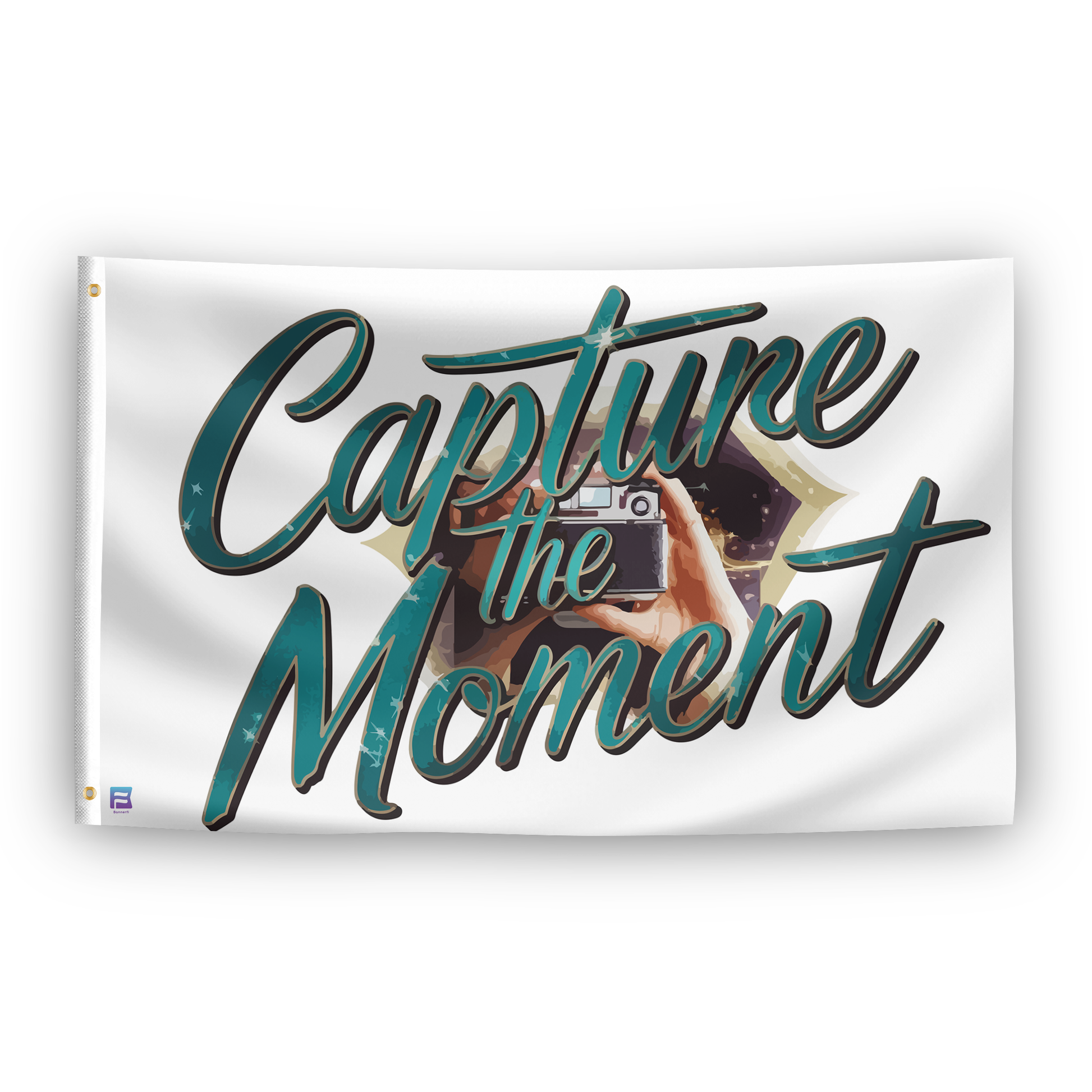 A flag with the saying "Capture The Moment Now", with a special occasion color scheme.