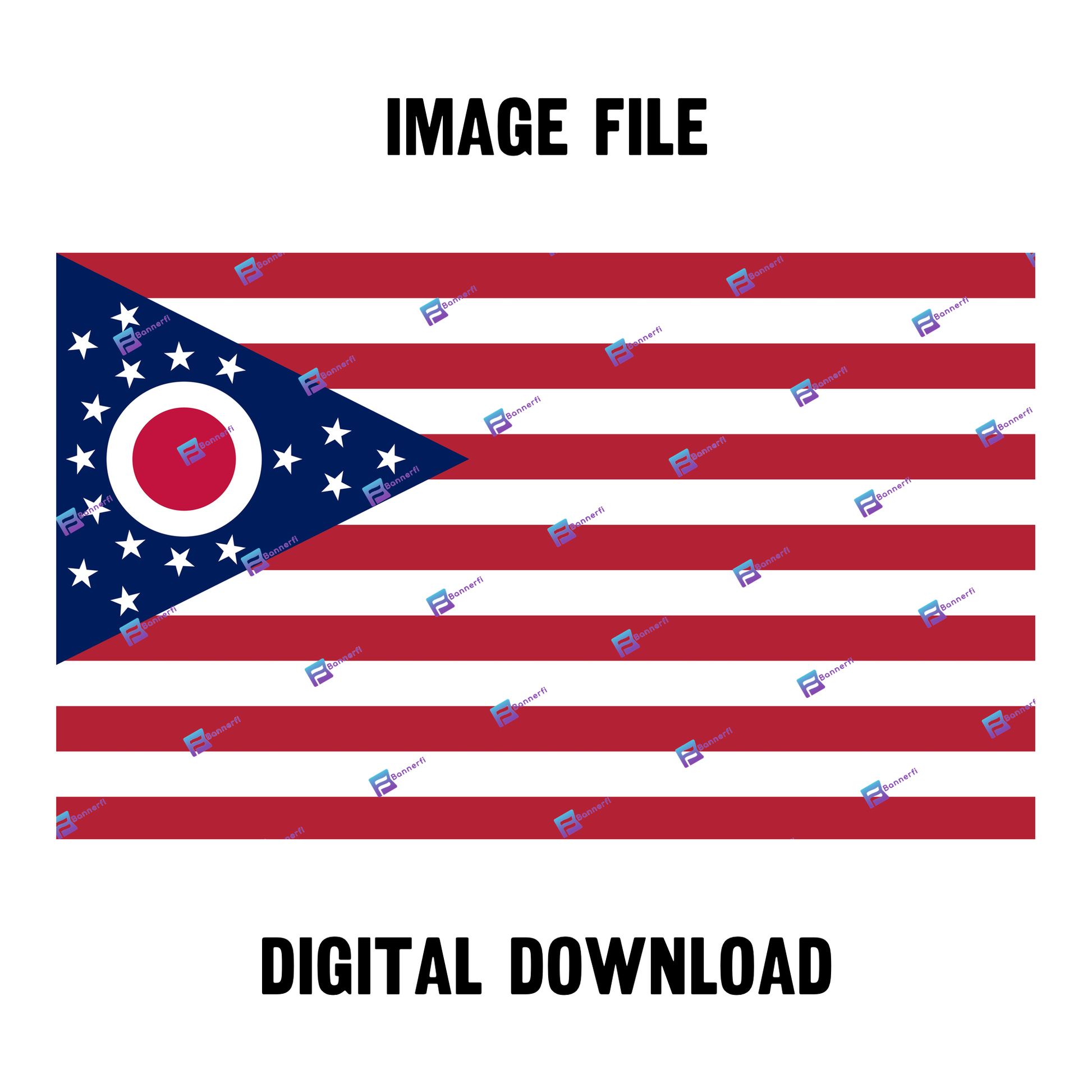 Digital download of a blended US and Ohio flag, merging American stars & stripes with Ohio’s colors. 