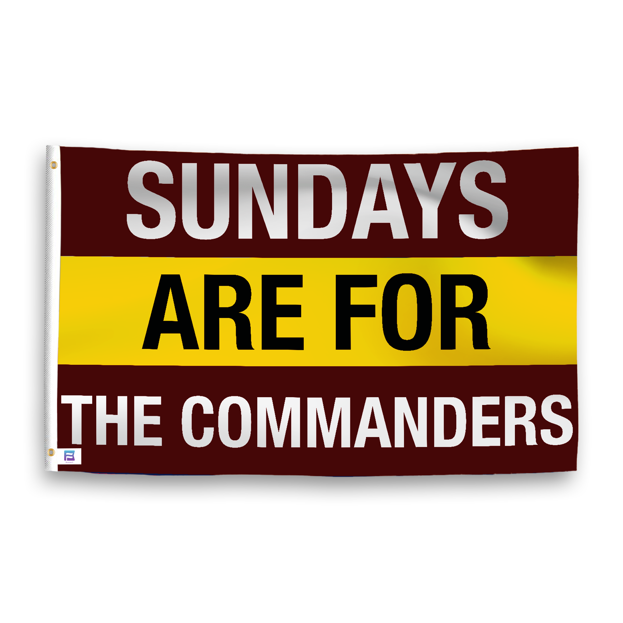 A flag with the saying "https://www.dropbox.com/scl/fi/ch81g0m7qrowie6qhan89/sundays-are-for-the-commanders_ripple.png?rlkey=xwwpv131uinpnl4n1s95282p5&raw=1", with the sports team color scheme.