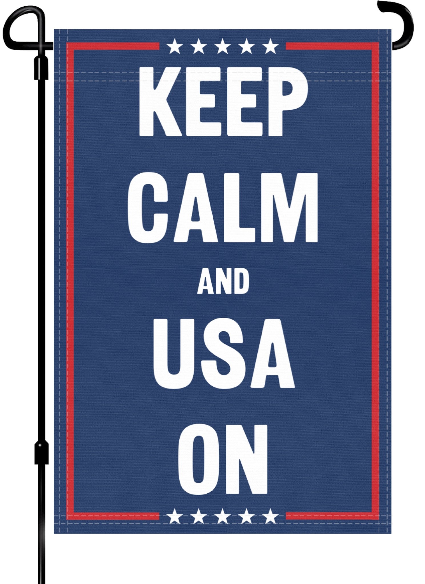 A red, white and blue political garden flag on a pole with the slogan Keep Calm And Usa On. 