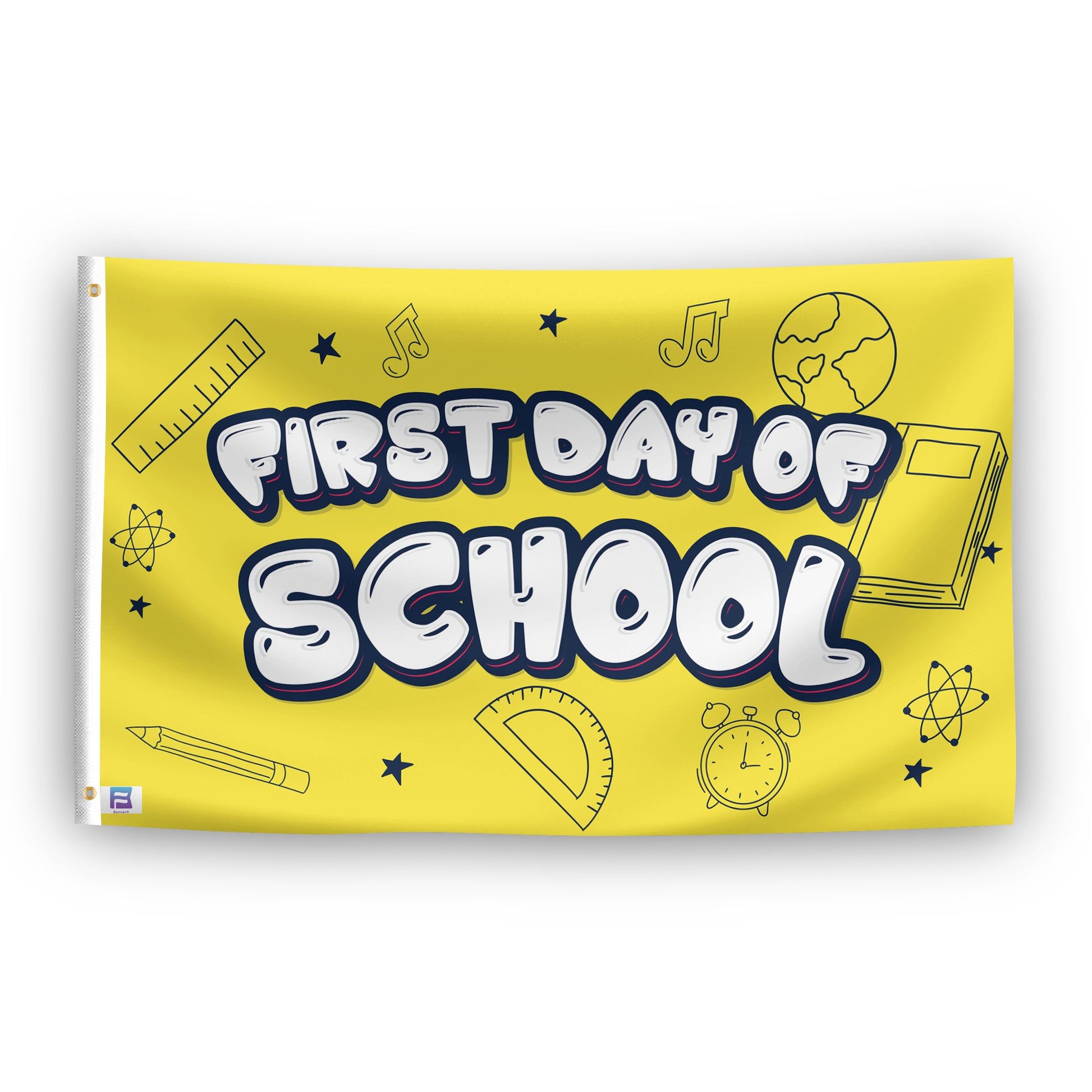 A flag with the saying "First Day Of School", with a special occasion color scheme.