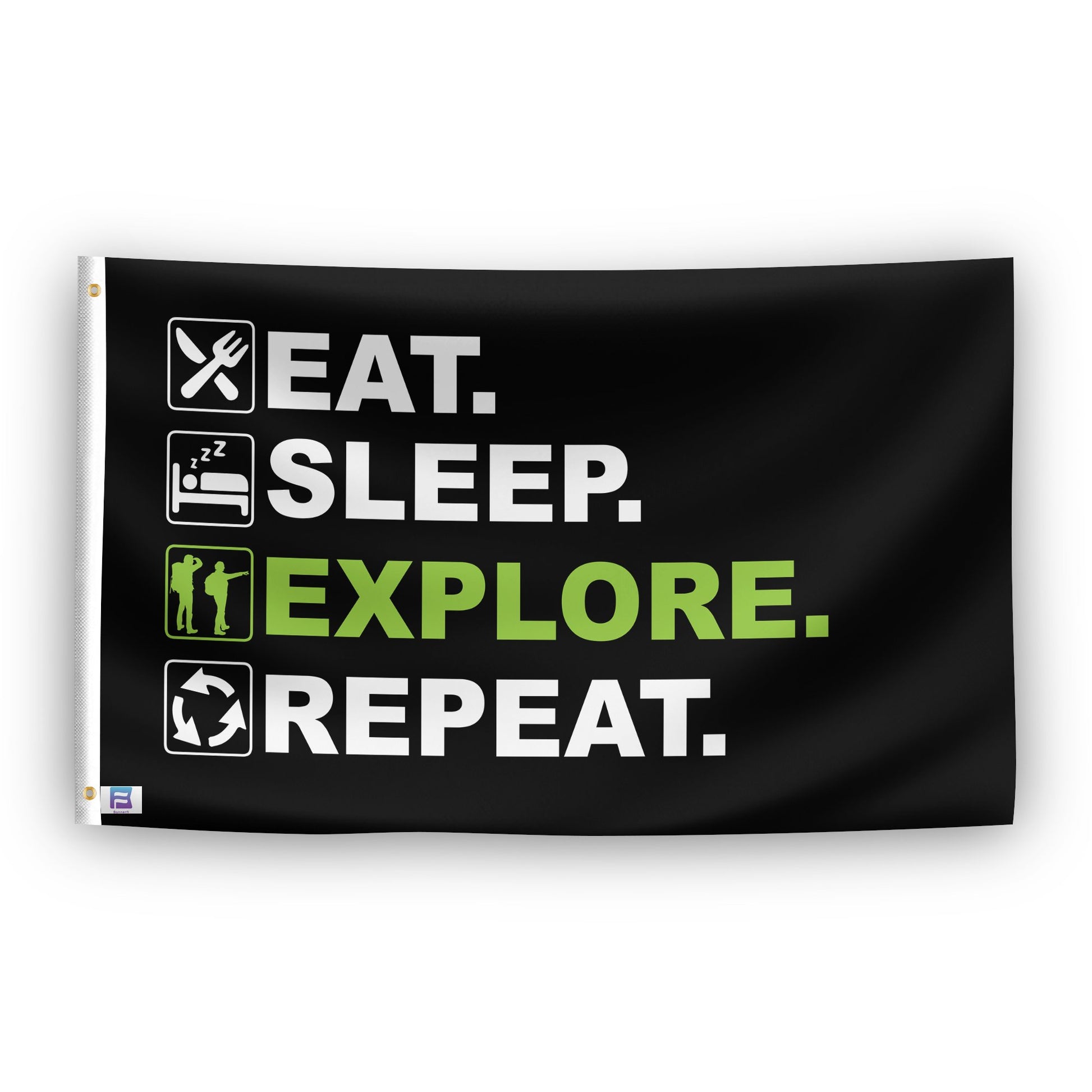 A flag with the saying "Eat Sleep Explore Repeat", with a black, white and themed color scheme.