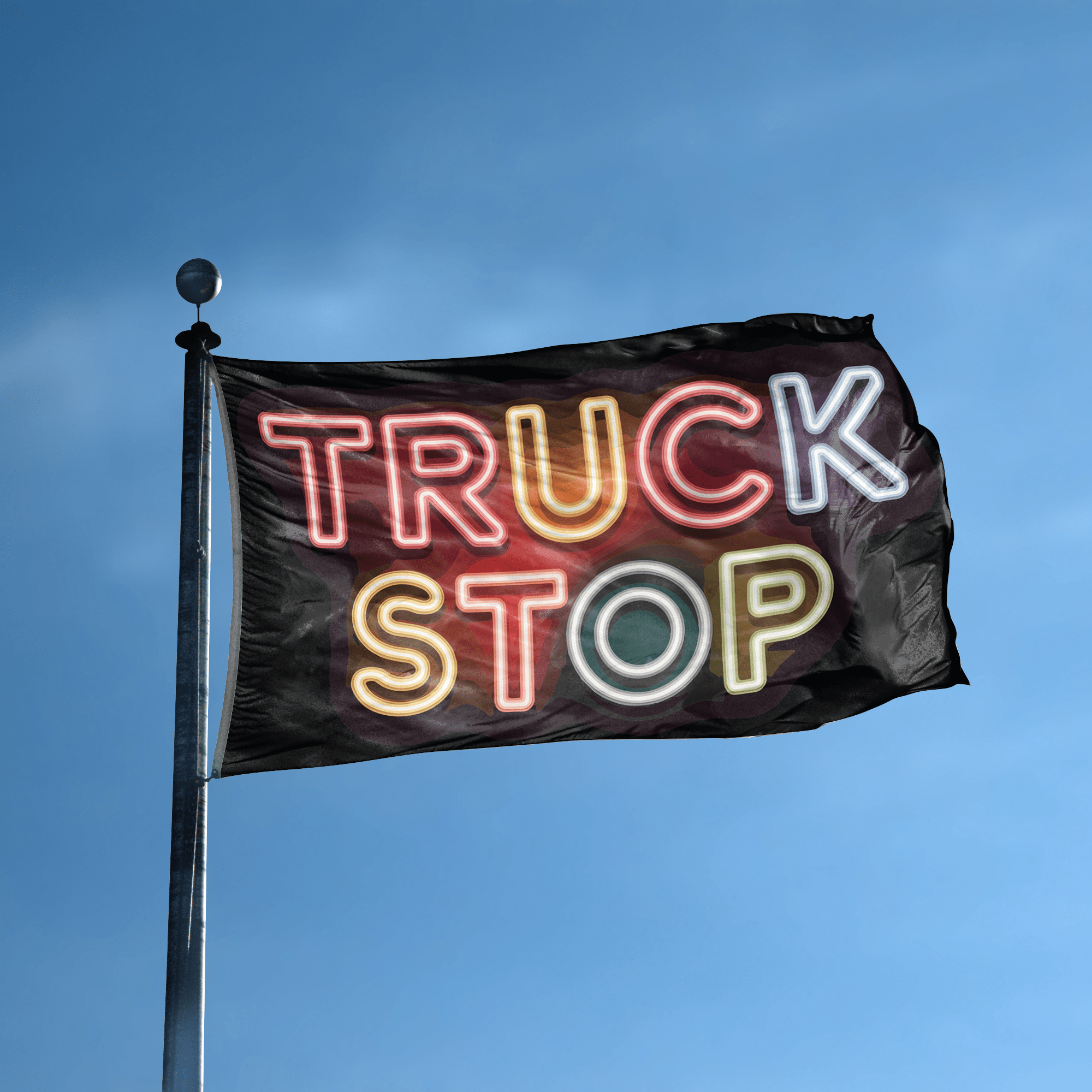 A flag with the saying "Truck Stop" displayed on a high pole, with a neon style color scheme.