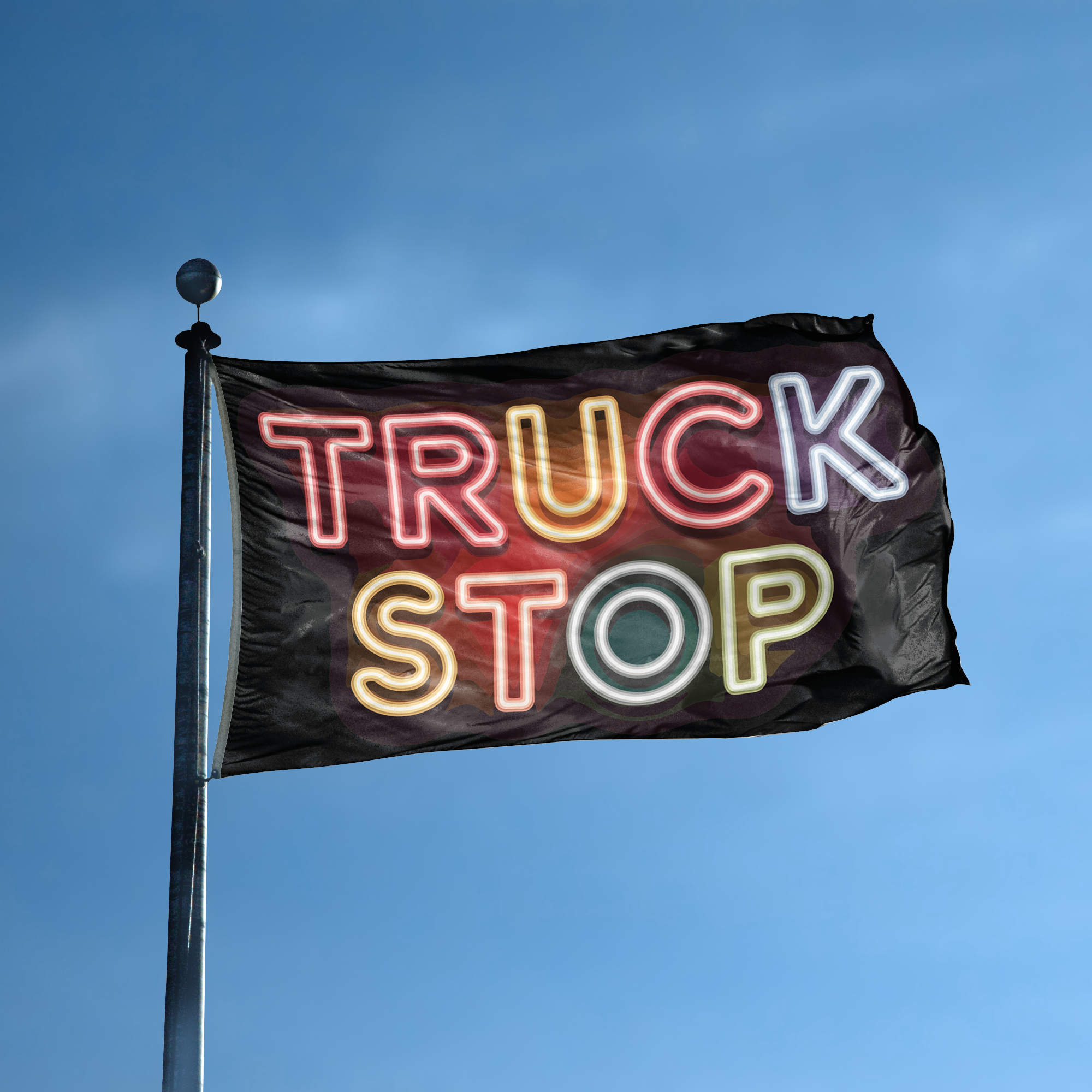 A flag with the saying "Truck Stop" displayed on a high pole, with a neon style color scheme.