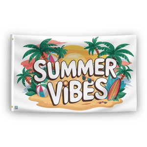 A flag with a white background featuring the text 'Summer Vibes' in large letters, surrounded by a beach and palm tree motif.