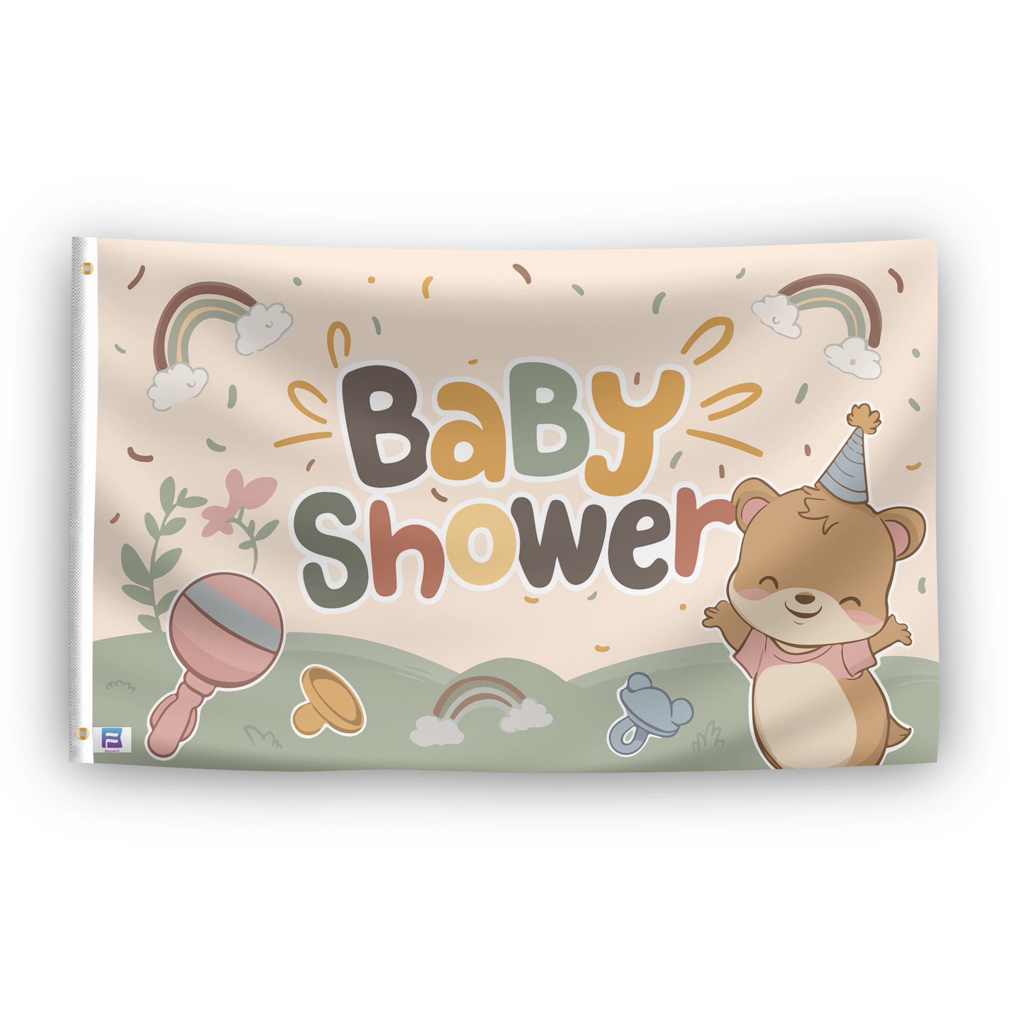 A flag with the saying "Baby Shower", with a special occasion color scheme.