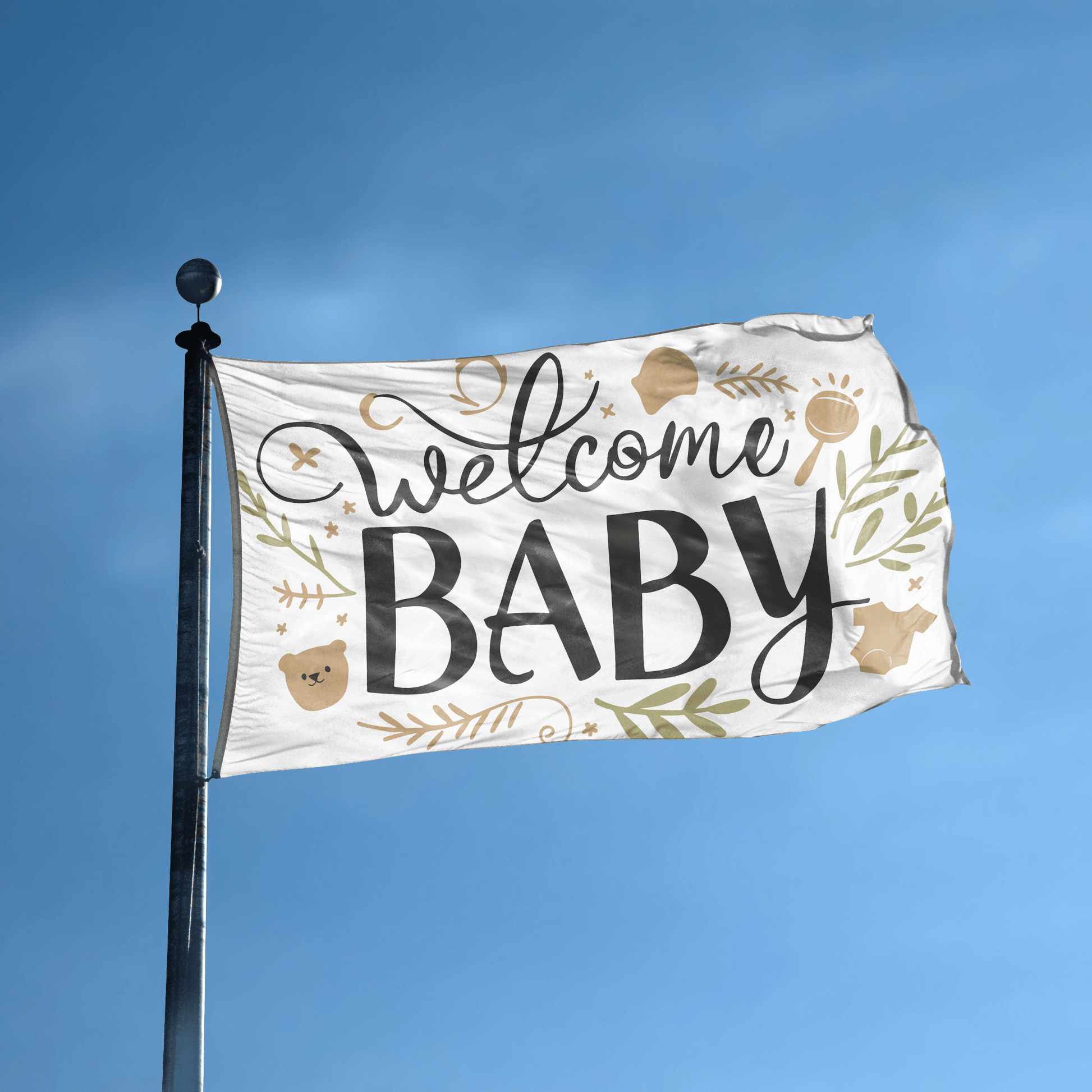 A flag with the saying "Welcome Baby" displayed on a high pole, with a special occasion color scheme.