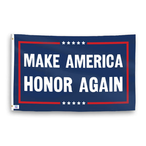 A political flag with the saying "https://www.dropbox.com/scl/fi/xyc80zakbpc9xsj9033mc/make-america-honor-again_ripple.png?rlkey=1633ms4kbqpp78khn2fh0slxe&raw=1", with a red, white, and blue color scheme.