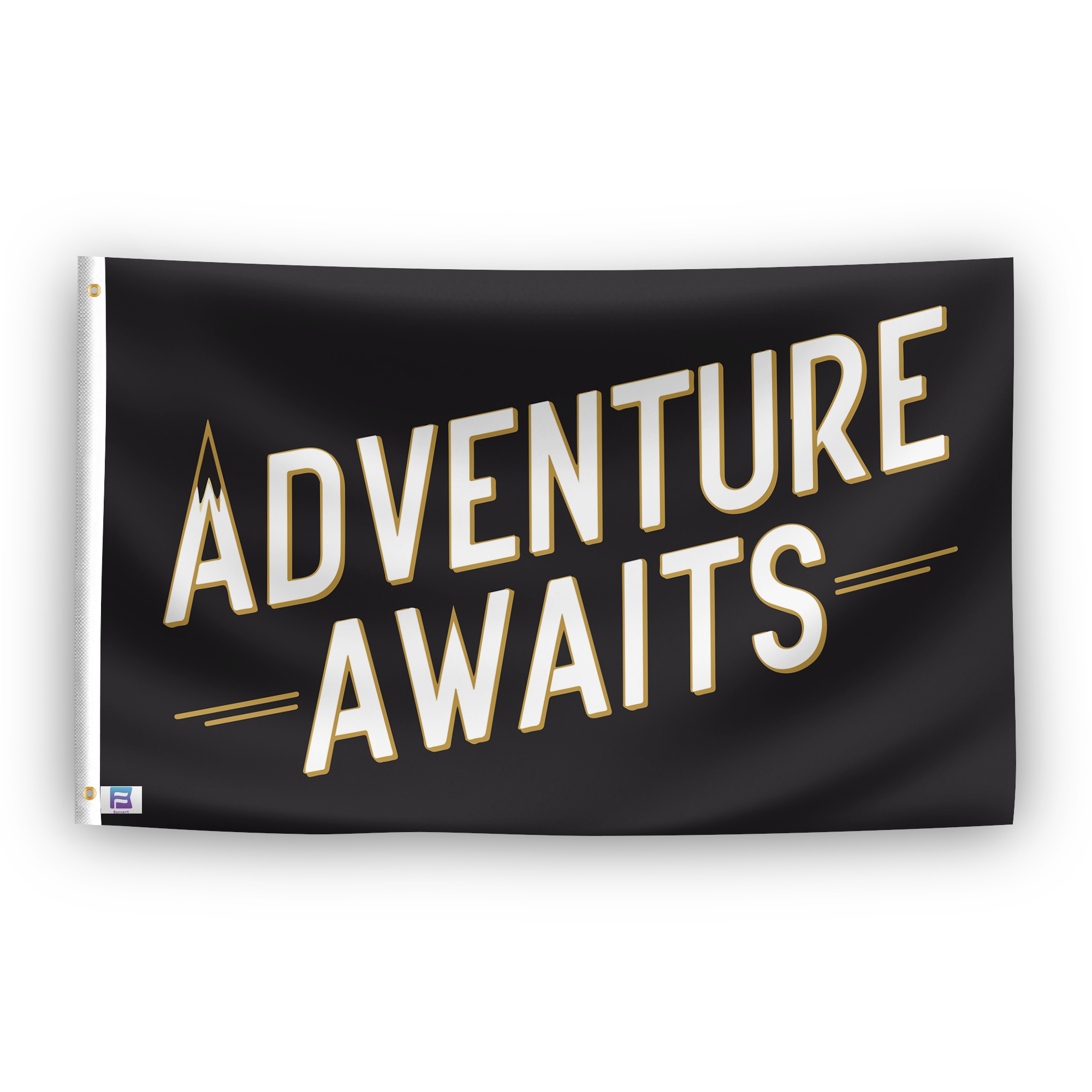 A flag with the saying "Adventure Awaits You", with a special occasion color scheme.