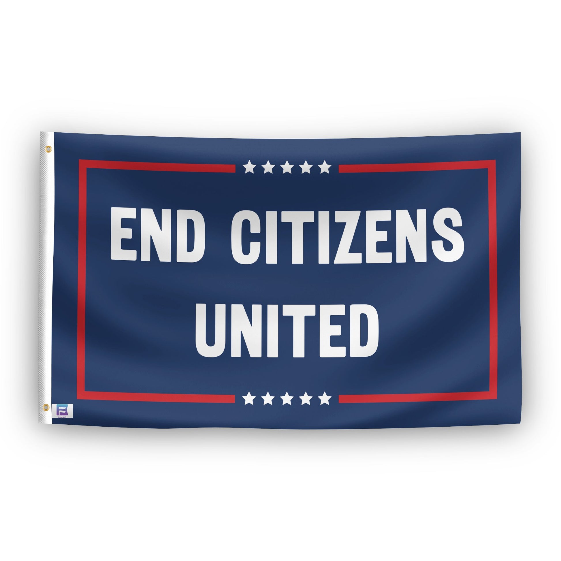 A political flag with the saying "End Citizens United Political", with a red, white, and blue color scheme.