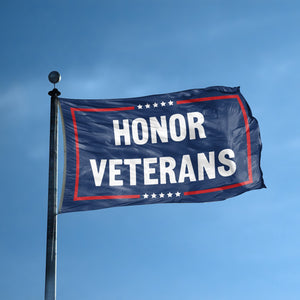 A flag with the saying "Honor Veterans Political" displayed on a high pole, with a red, white, and blue color scheme.