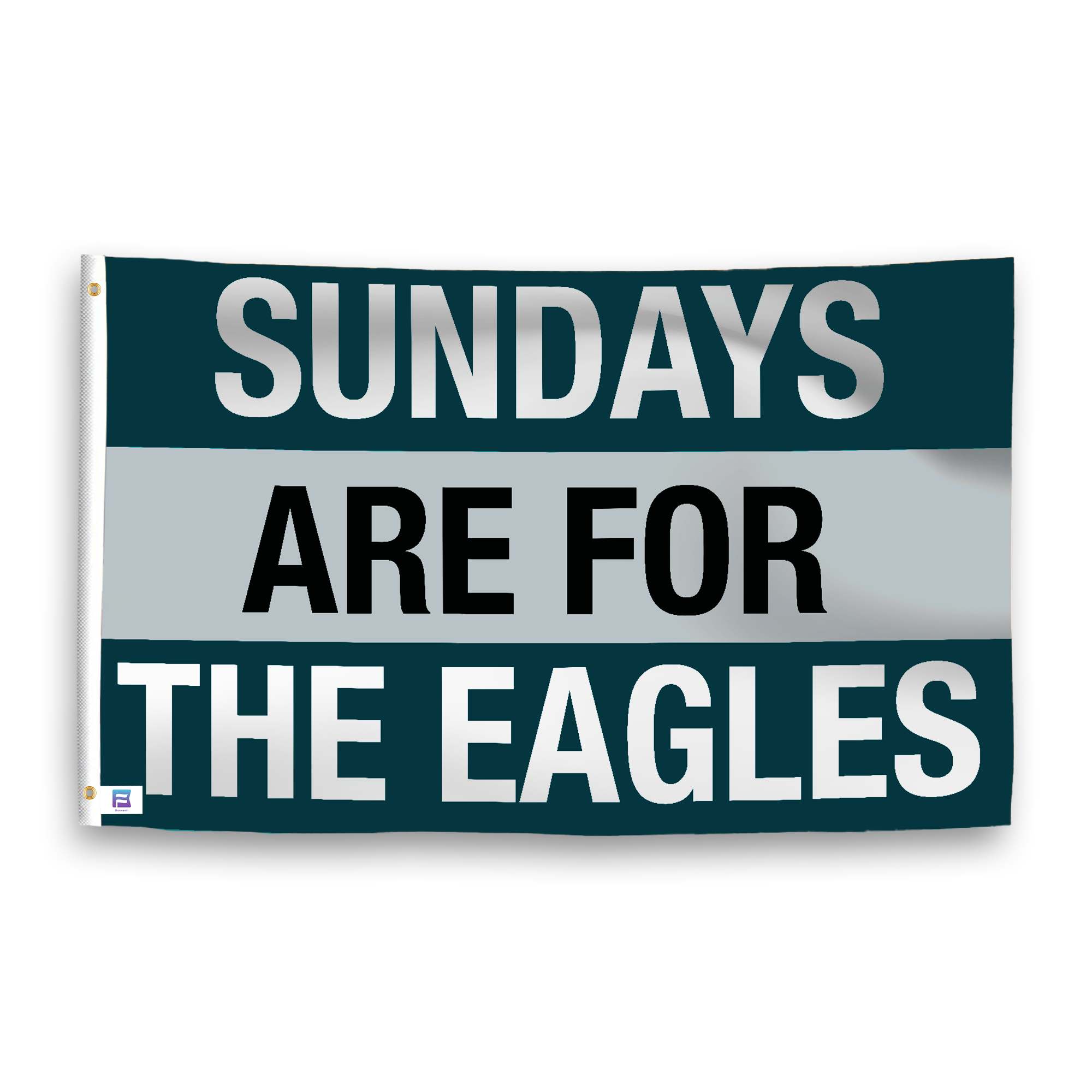 A flag with the saying "https://www.dropbox.com/scl/fi/r4f6bh65okwmcdcnt4ku0/sundays-are-for-the-eagles_ripple.png?rlkey=b4yxtwtrkkopiogolrne4l7jn&raw=1", with the sports team color scheme.