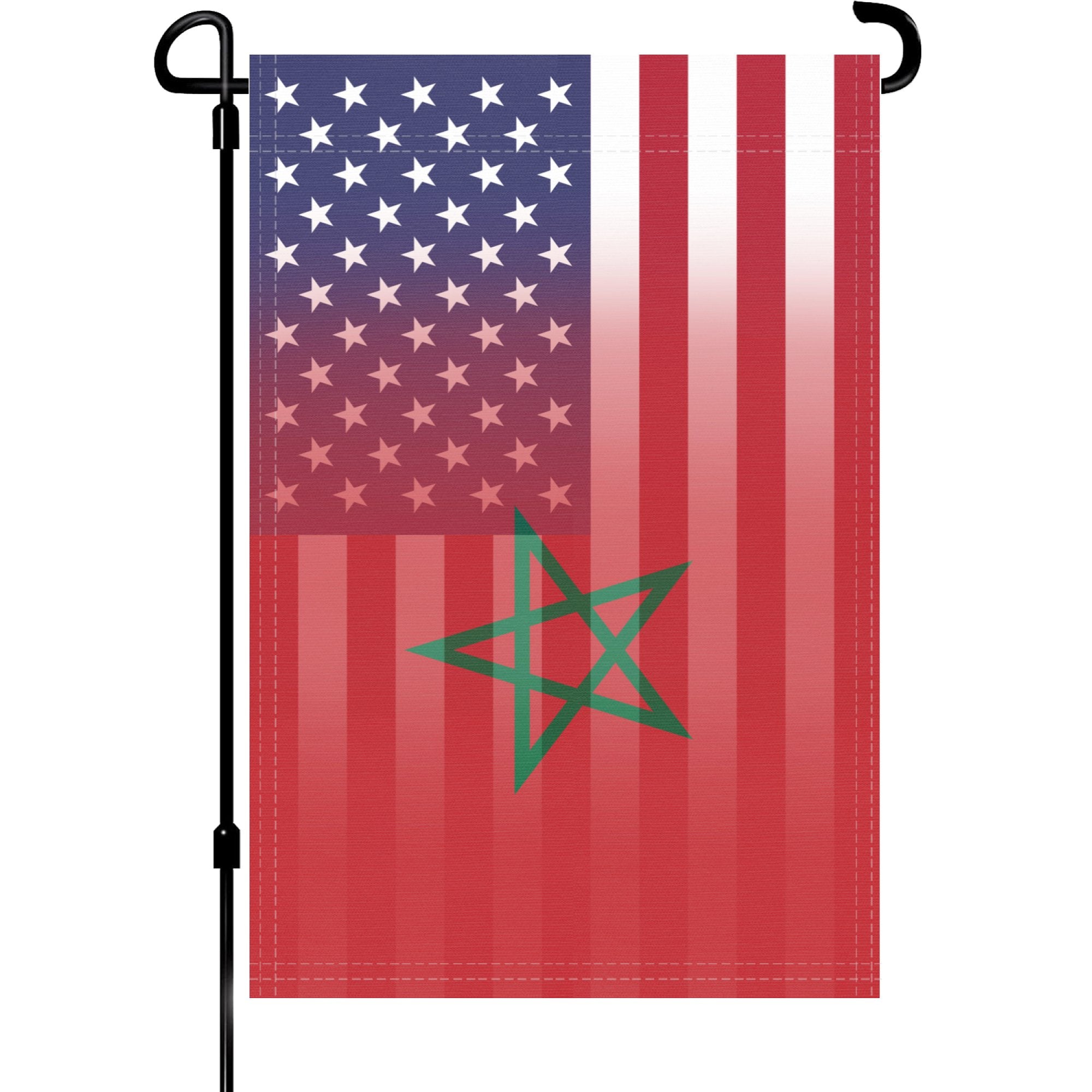 A garden flag on a pole with the Moroccan American flag design seamlessly blended with the American flag.
