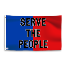 Load image into Gallery viewer, A dual-tone flag containing a political slogan, with a smooth royal blue and deep crimson texture. 
