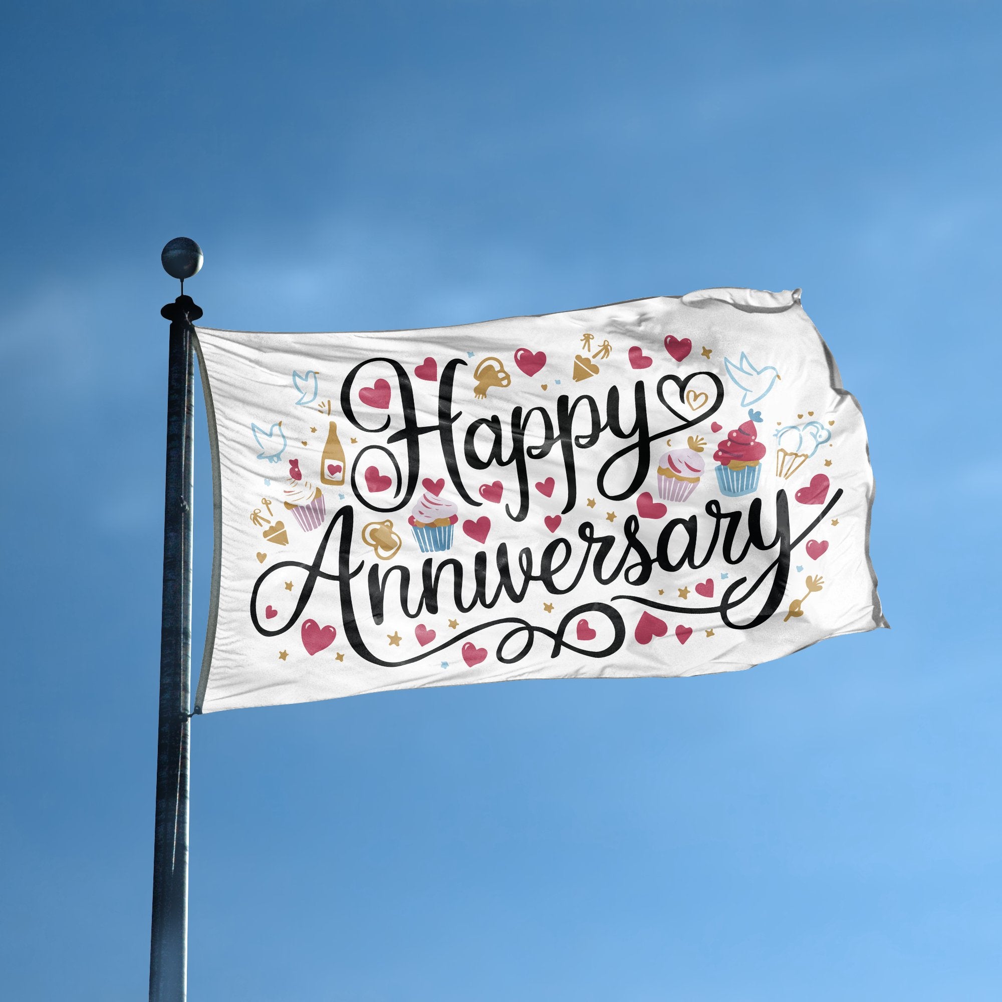 A flag with the saying "Happy Anniversary Gift" displayed on a high pole, with a special occasion color scheme.