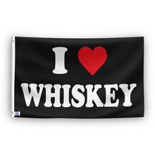 Load image into Gallery viewer, A flag with the saying &quot;I Love Whiskey&quot;, with a black, white and red color scheme.
