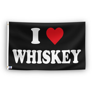 A flag with the saying "I Love Whiskey", with a black, white and red color scheme.