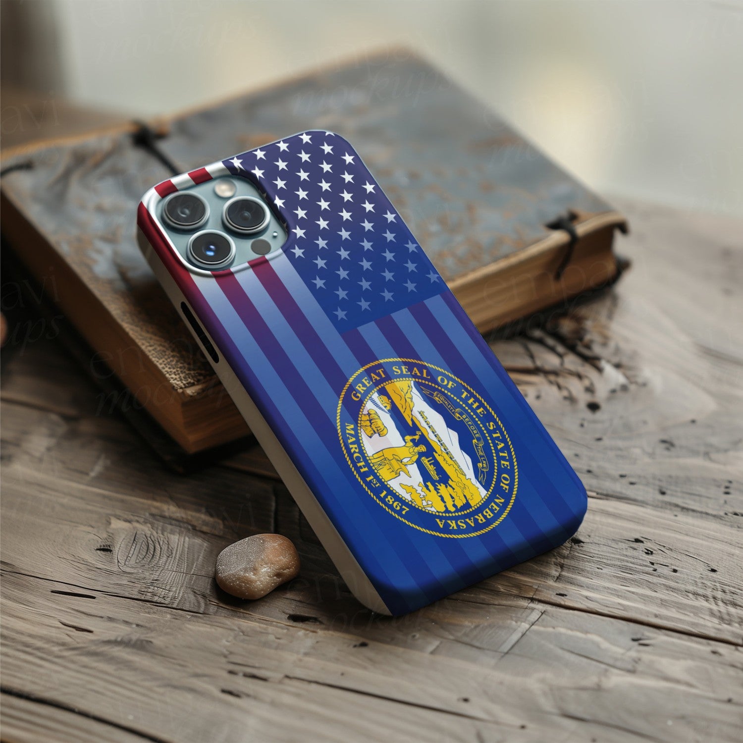 Digital download of a blended US and Nebraska flag on a phone case, merging American stars & stripes with Nebraska’s emblem.