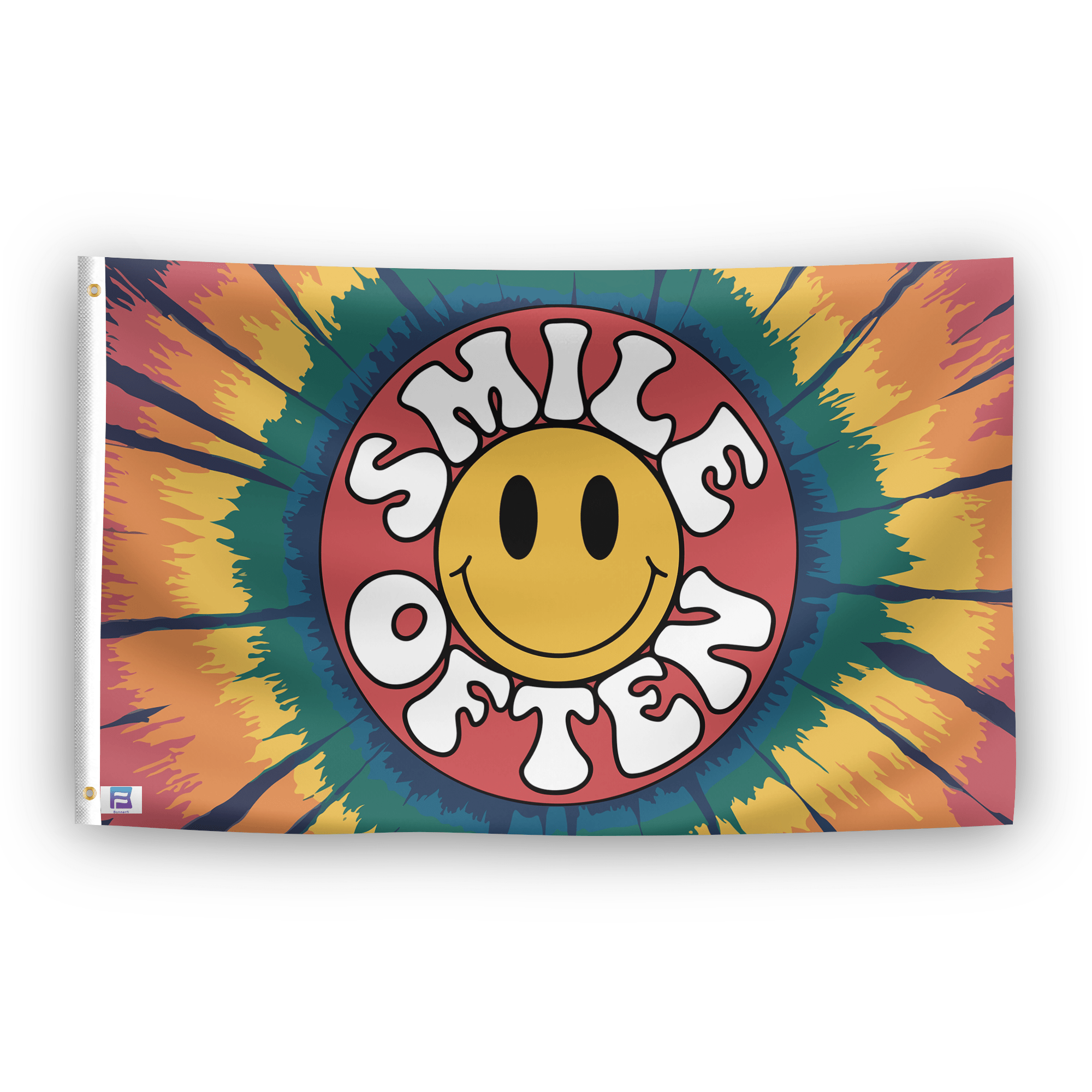 A flag with the saying "Smile Often", with a tie dye style color scheme.