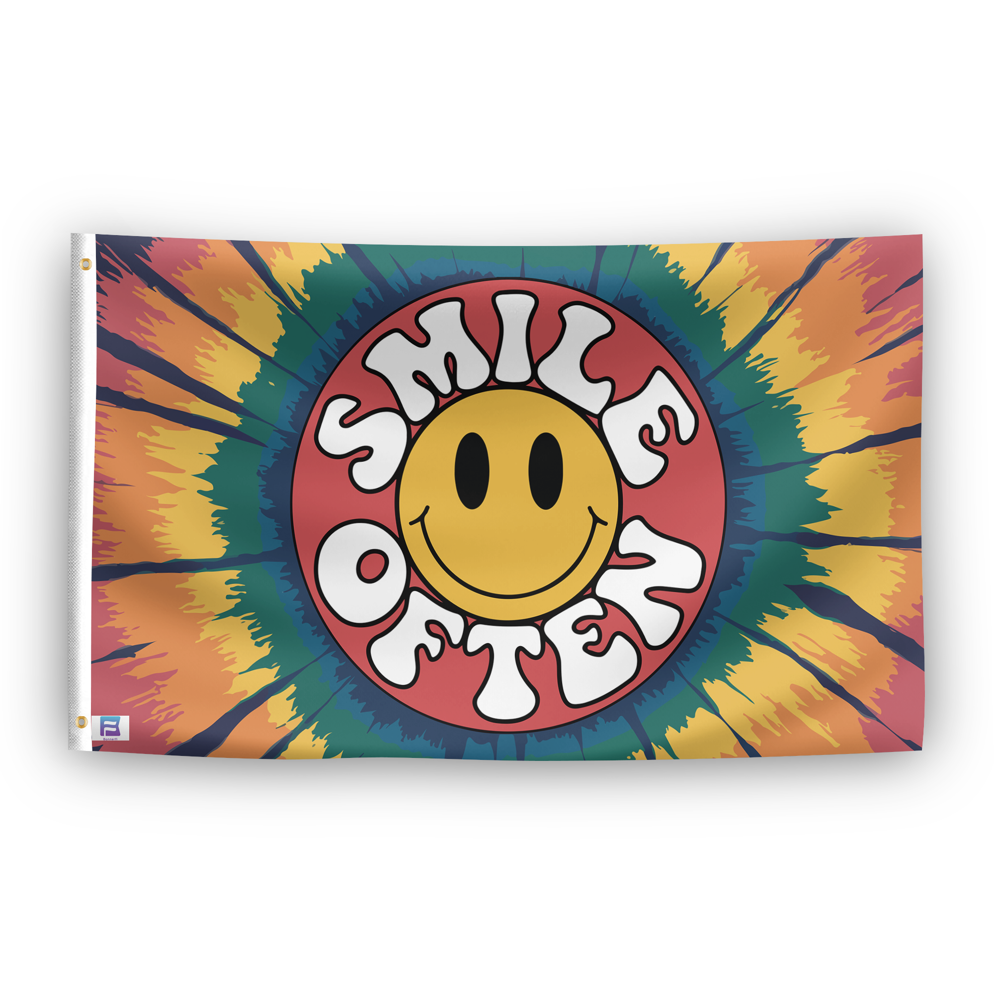 A flag with the saying "Smile Often", with a tie dye style color scheme.