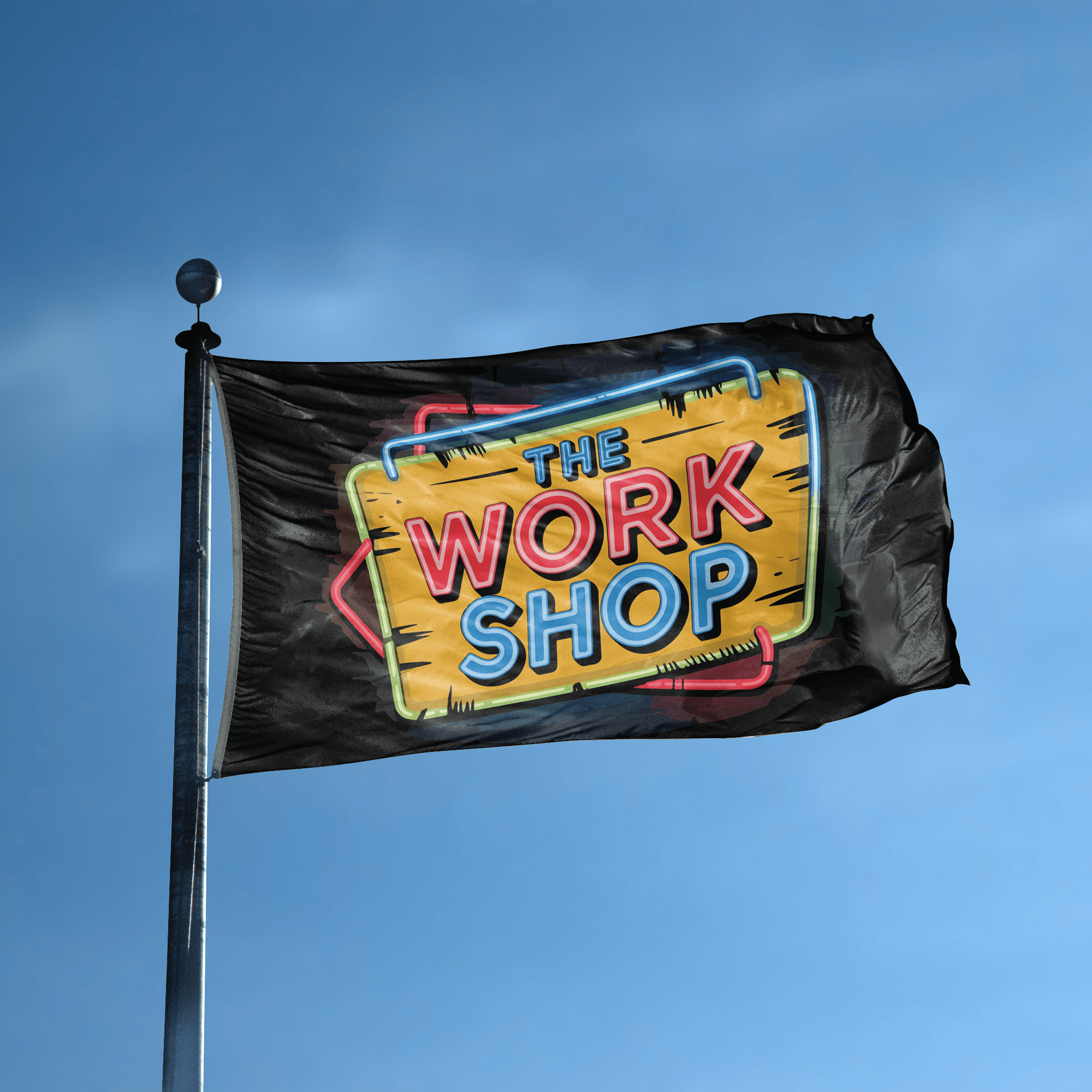 A flag with the saying "The Work Shop Garage" displayed on a high pole, with a neon style color scheme.