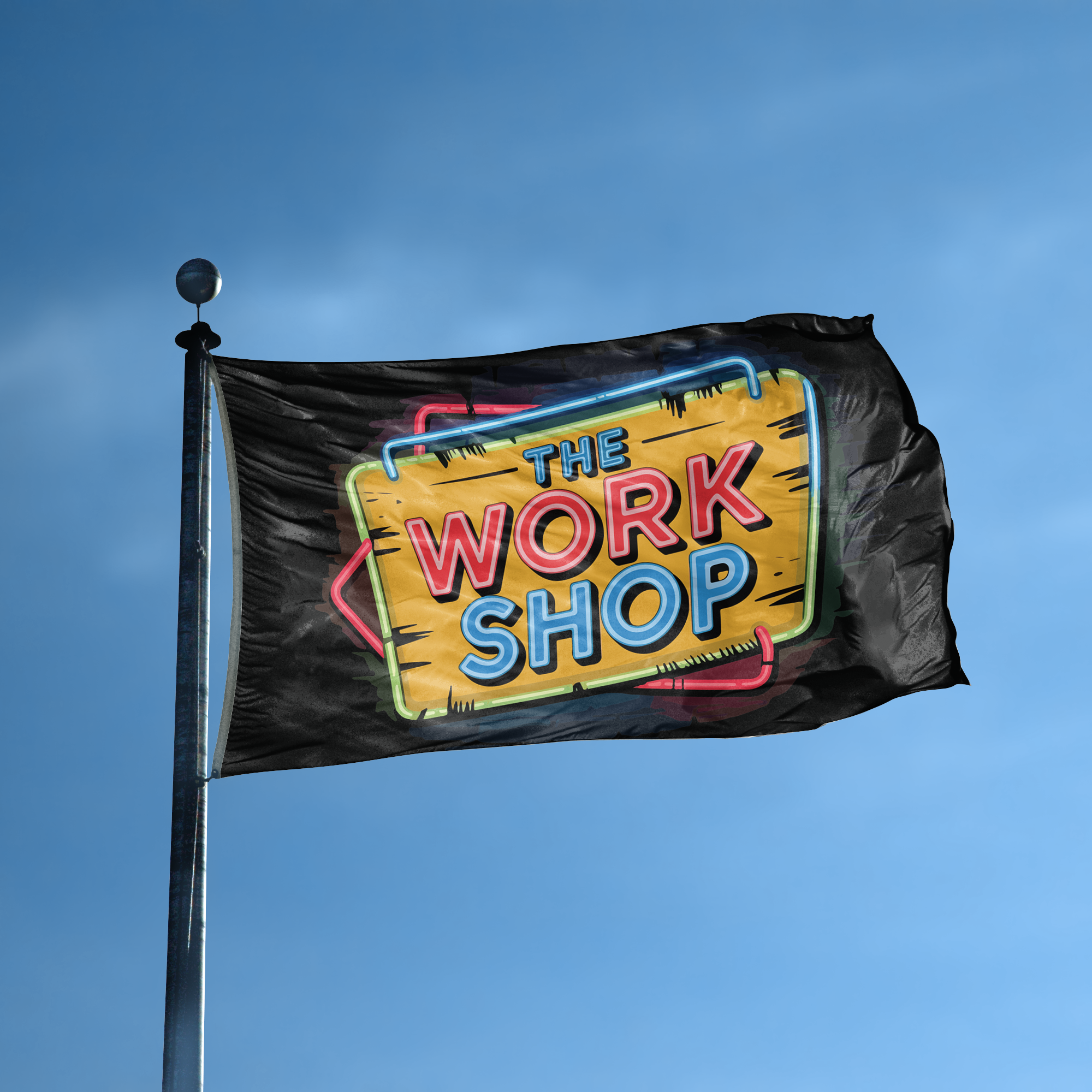 A flag with the saying "The Work Shop Garage" displayed on a high pole, with a neon style color scheme.