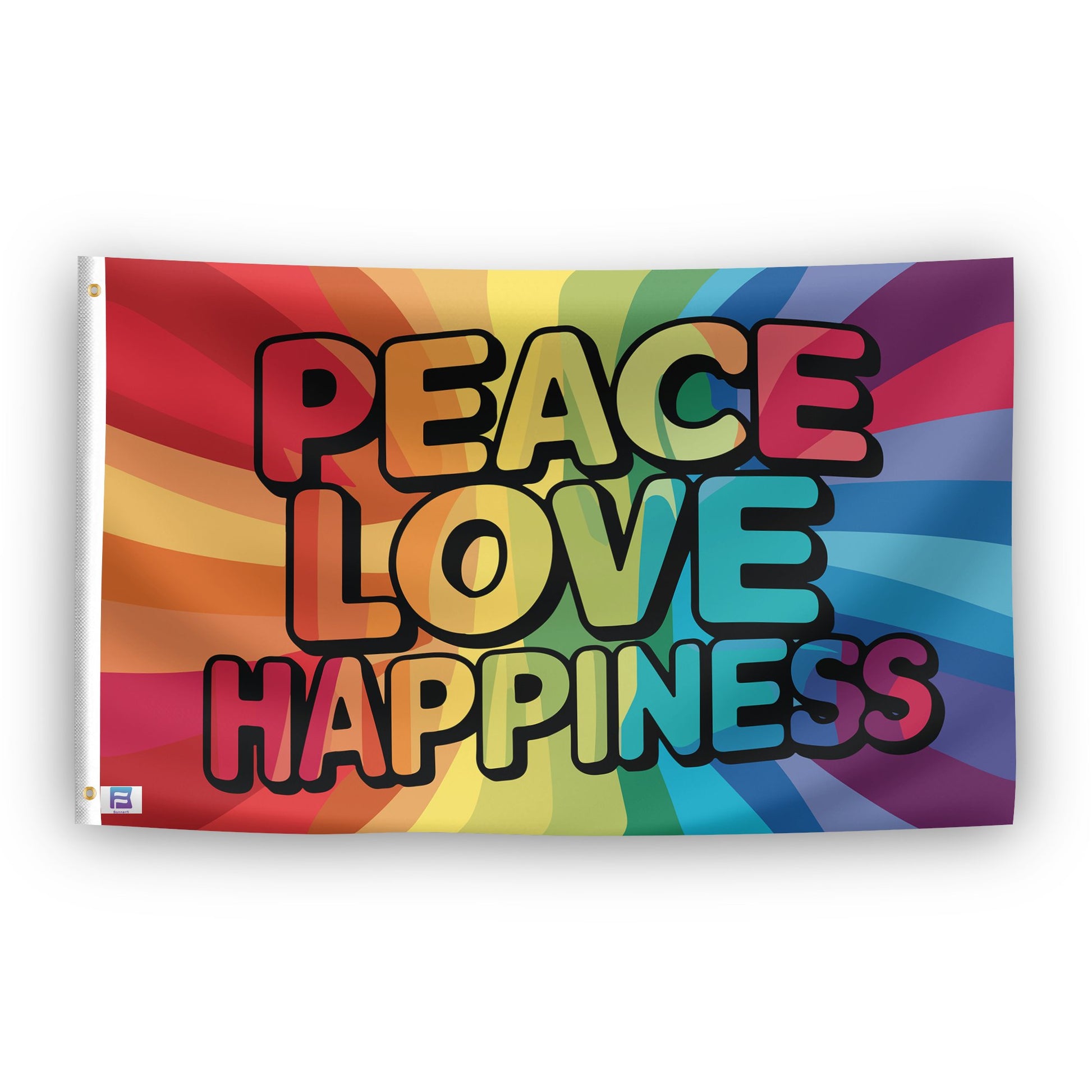 A flag with the saying "Peace Love Happiness Rainbow", with a special occasion color scheme.