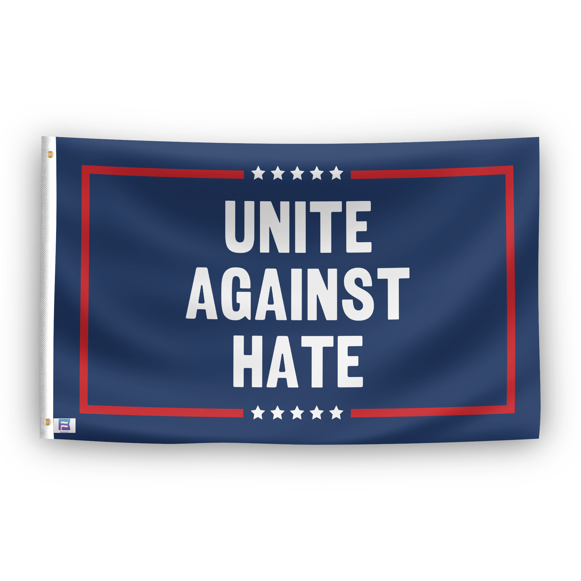 A political flag with the saying "Unite Against Hate Political", with a red, white, and blue color scheme.