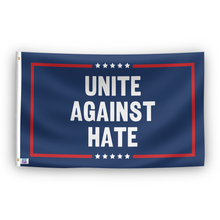 Load image into Gallery viewer, A political flag with the saying &quot;Unite Against Hate Political&quot;, with a red, white, and blue color scheme.
