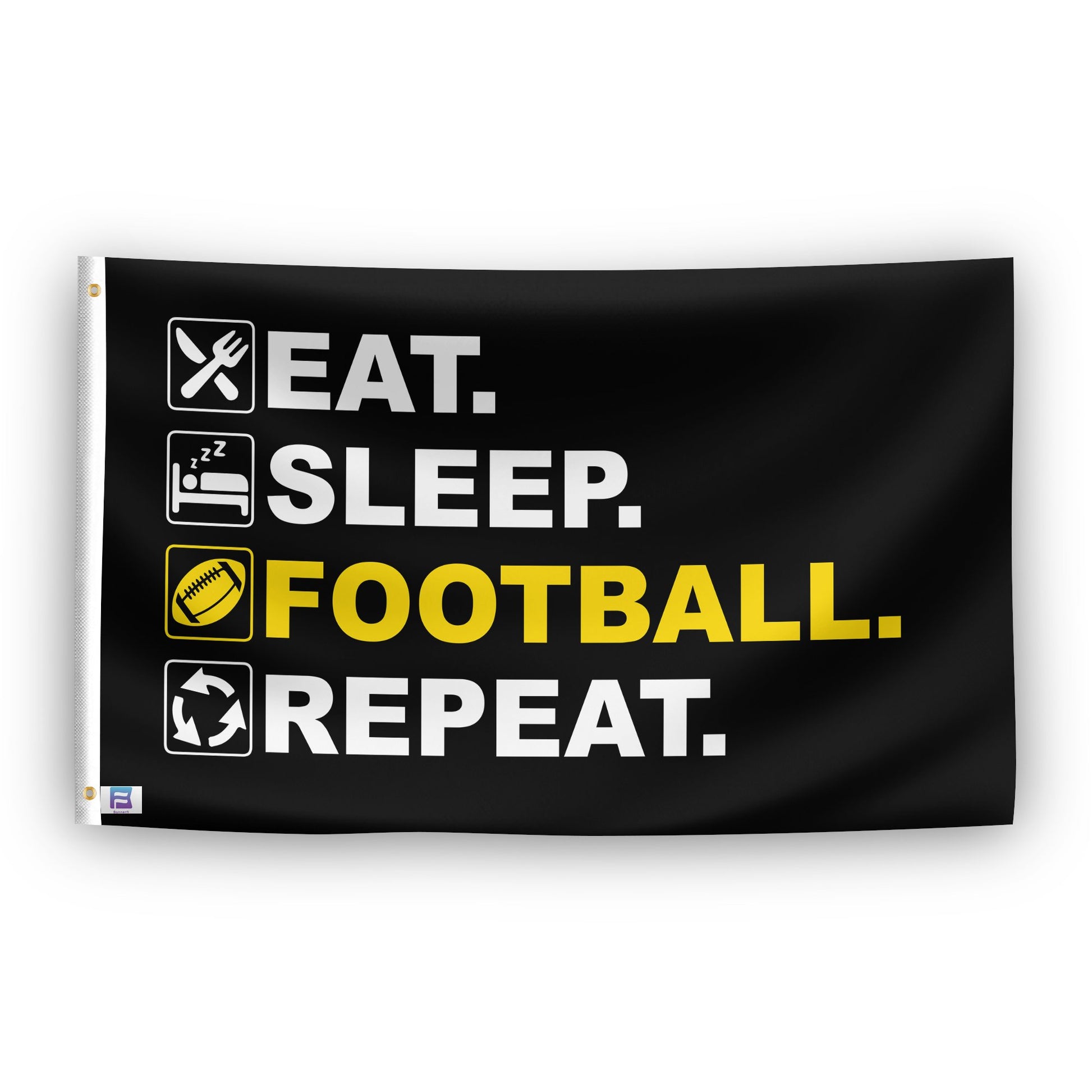 A flag with the saying "Eat Sleep Football Repeat", with a black, white and themed color scheme.