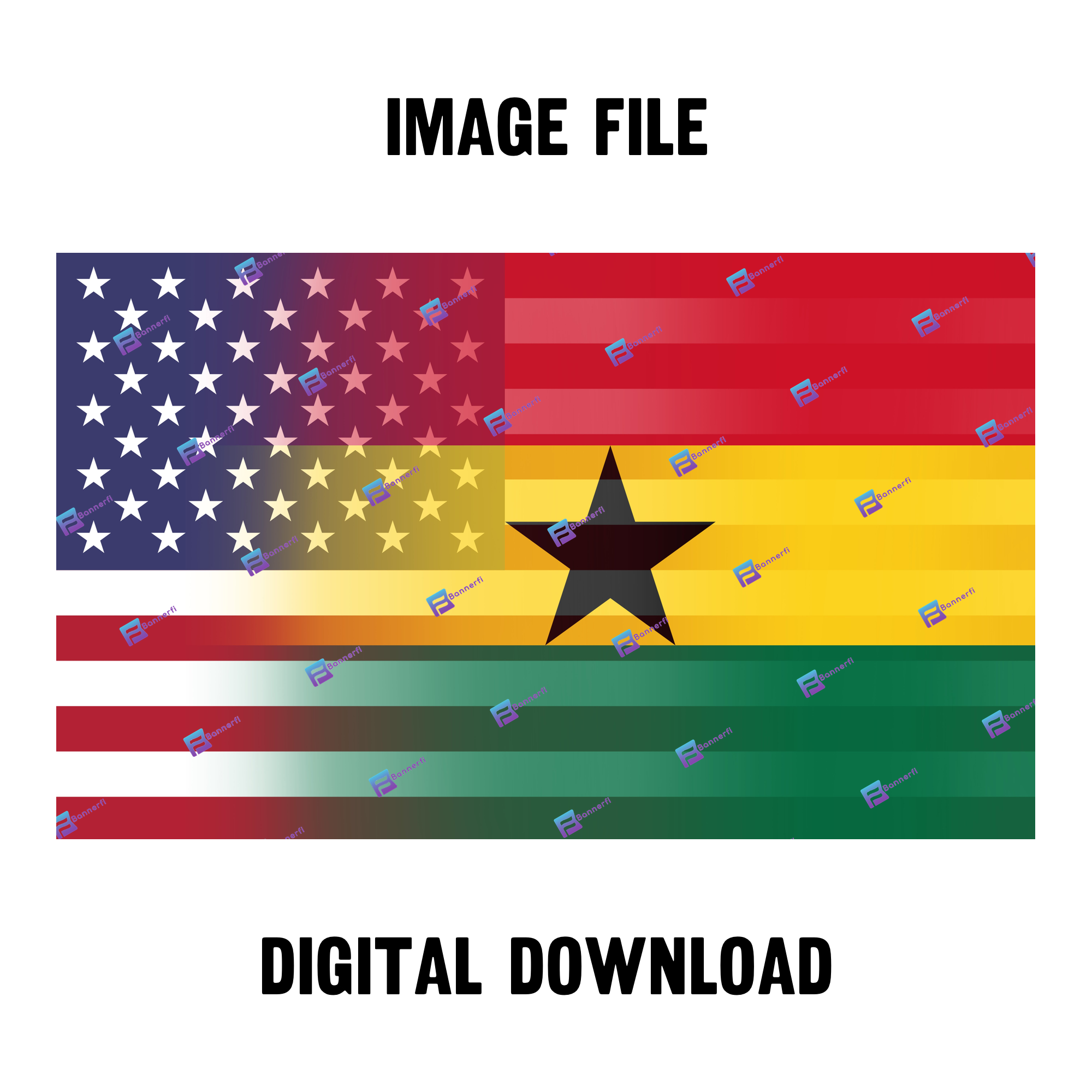 Digital download of a blended US and Ghanaian flag, merging American stars & stripes with Ghanaian’s colors. 