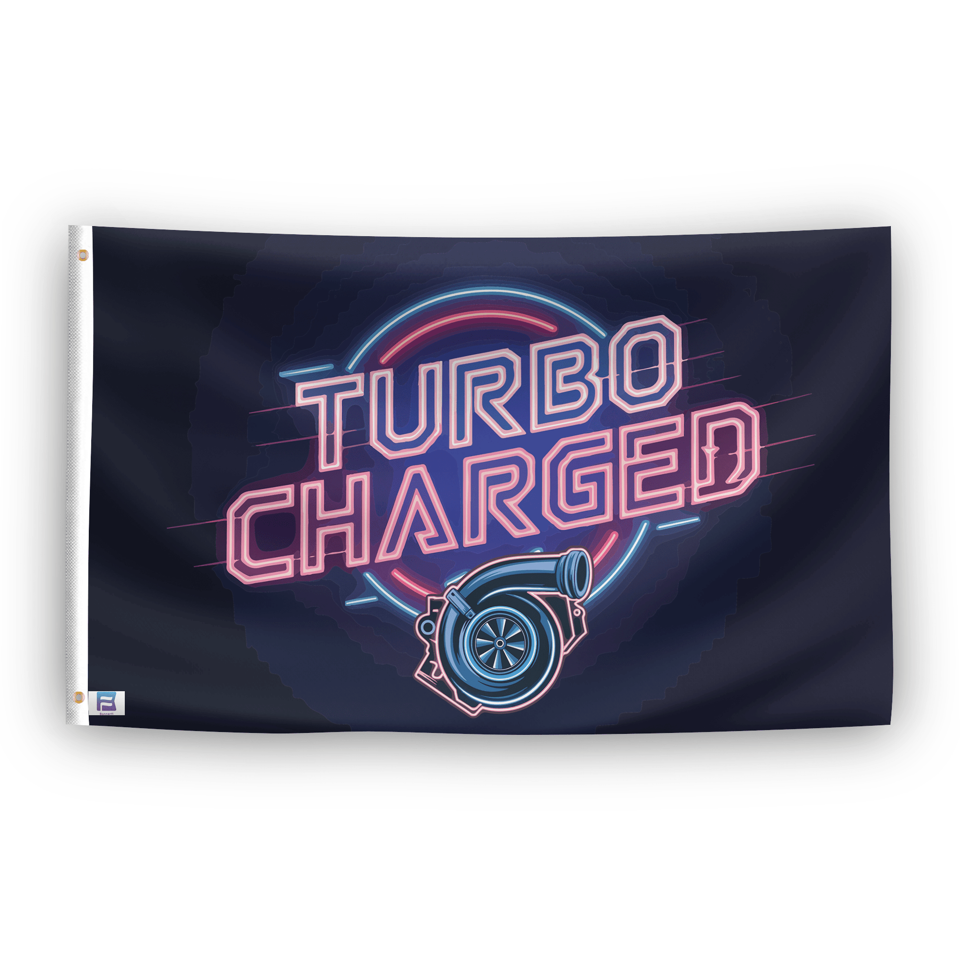 A flag with the saying "Turbo Charged", with a neon style color scheme.