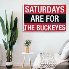 Load image into Gallery viewer, In a home setting, a flag with the saying &quot;Saturdays Are for the Buckeyes&quot; is mounted on a white wall by a side table.
