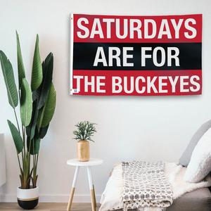 In a home setting, a flag with the saying "Saturdays Are for the Buckeyes" is mounted on a white wall by a side table.