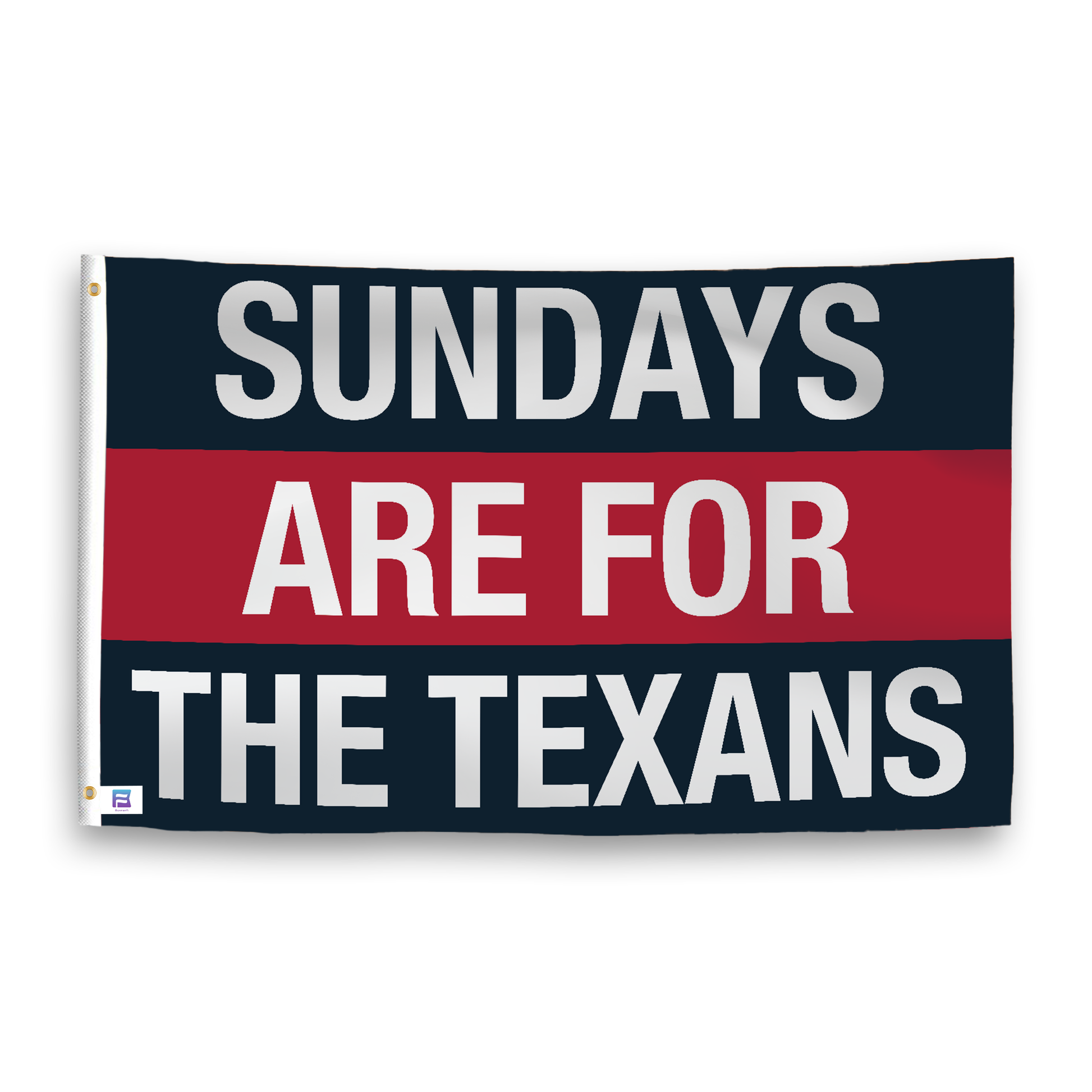 A flag with the saying "https://www.dropbox.com/scl/fi/fuzl64wjzqggdlg4w8wmo/sundays-are-for-the-texans_ripple.png?rlkey=ygn9lpqrbucskujz6d5orbbee&raw=1", with the sports team color scheme.