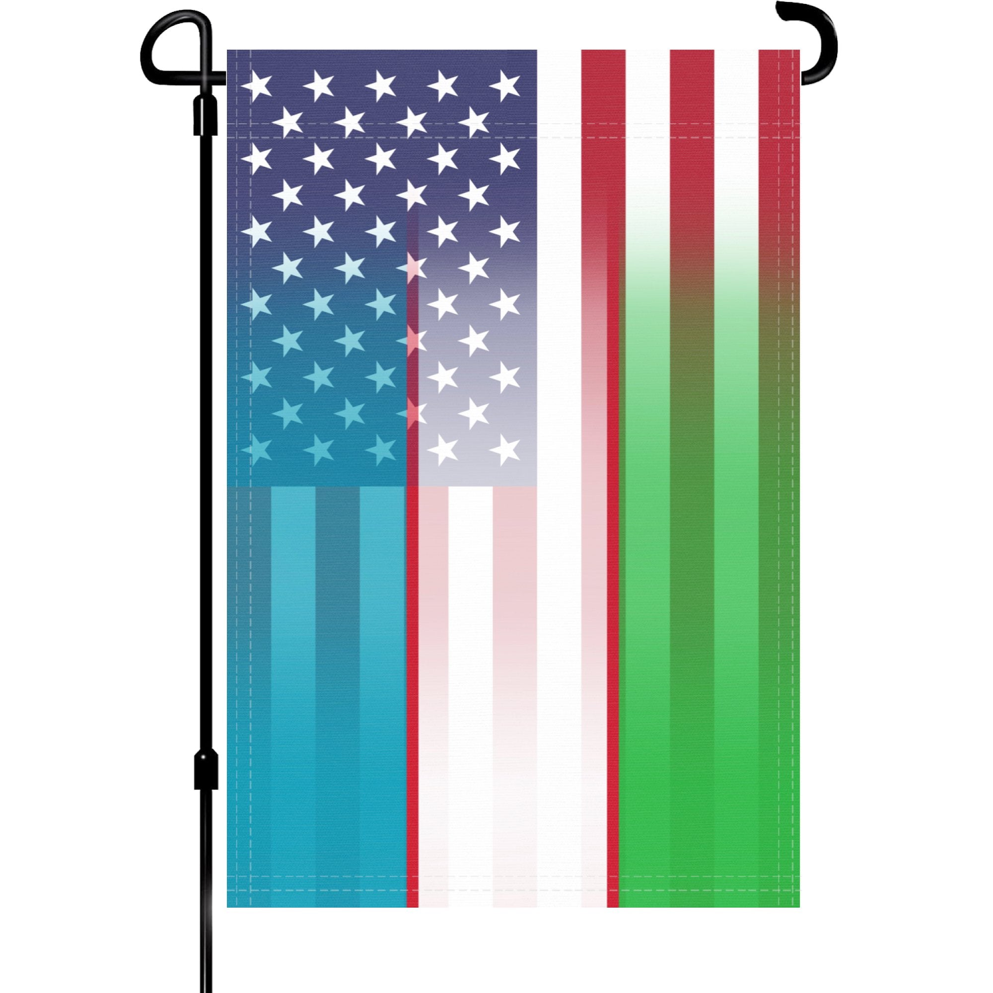 A garden flag on a pole with the Uzbek American flag design seamlessly blended with the American flag.