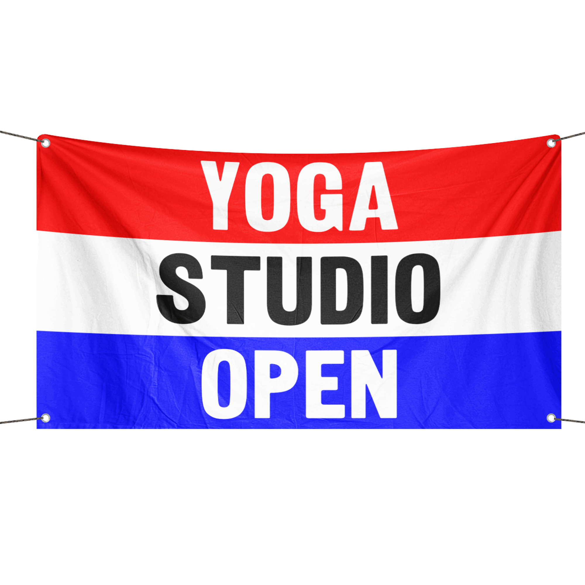 A business banner with the saying "Yoga Studio Open", with a red, white, and blue color scheme.