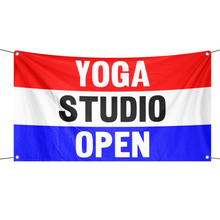 Load image into Gallery viewer, A business banner with the saying &quot;Yoga Studio Open&quot;, with a red, white, and blue color scheme.
