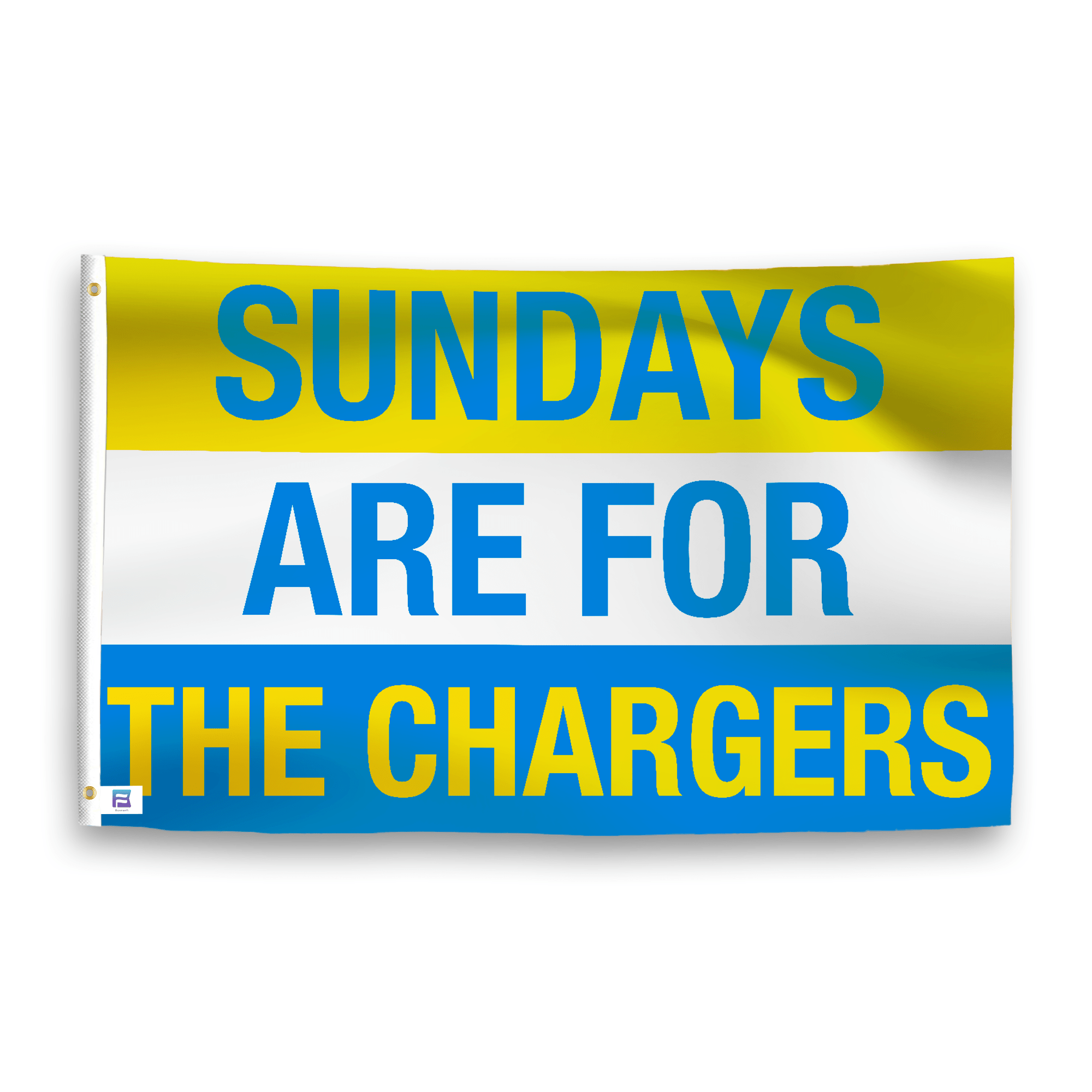 A flag with the saying "https://www.dropbox.com/scl/fi/gn49plhn3gt96kr8if4f7/sundays-are-for-the-chargers_ripple.png?rlkey=k59qz0e4fg7sr66kfmdbpmx7e&raw=1", with the sports team color scheme.