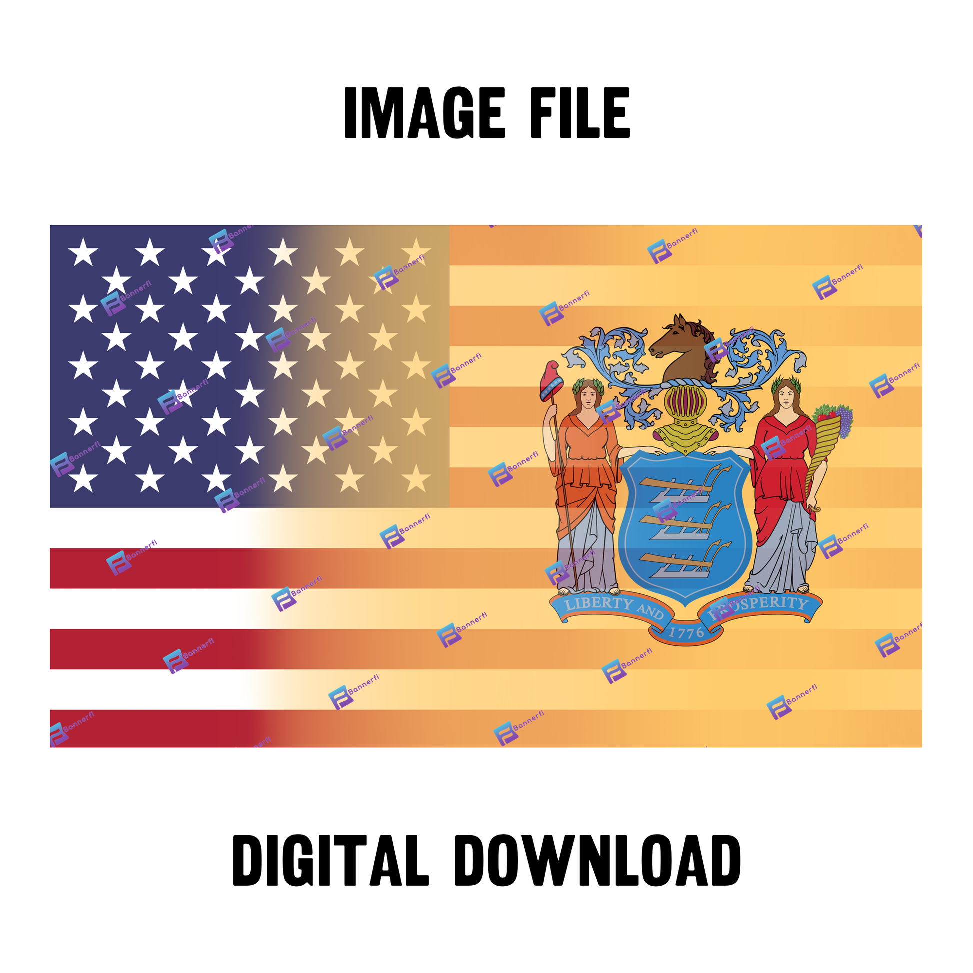 Digital download of a blended US and New Jersey flag, merging American stars & stripes with New Jersey’s colors. 