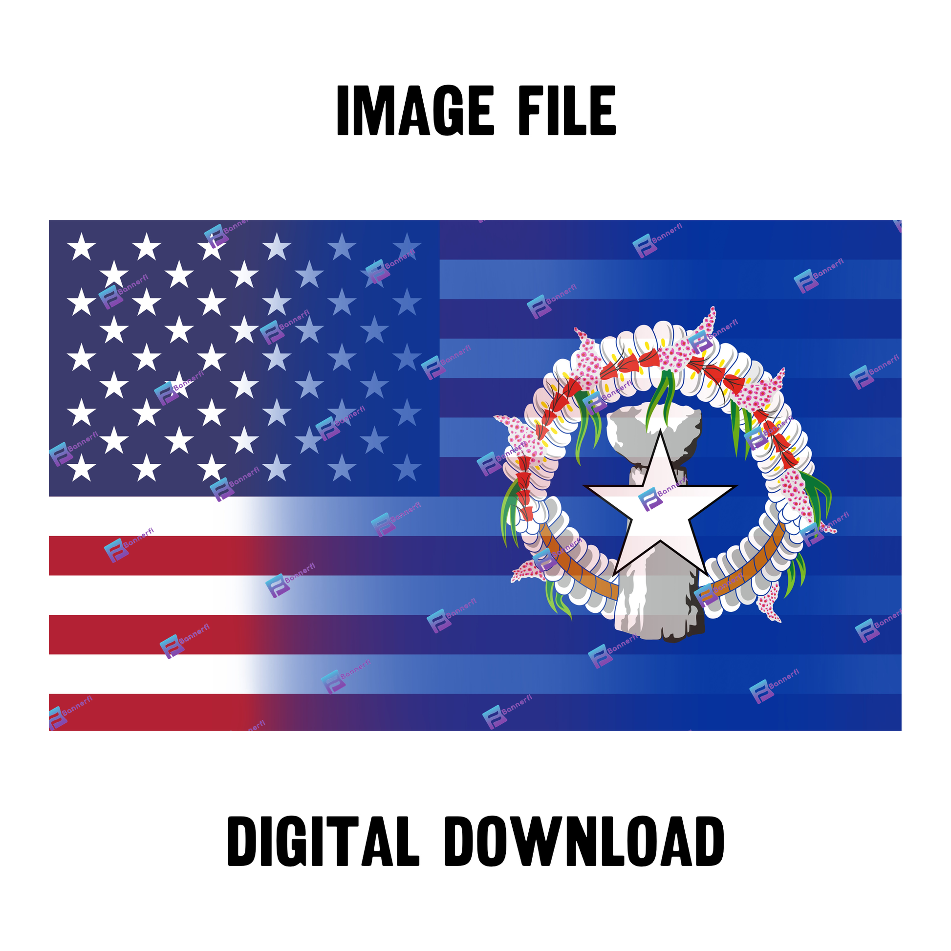 Digital download of a blended US and Northern Mariana Islands flag, merging American stars & stripes with Northern Mariana Islands’s colors. 