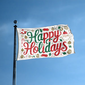 A flag with the saying "Happy Holidays" displayed on a high pole, with a holiday themed color scheme.