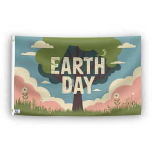 A rectangular flag with a stylized tree and the words 'EARTH DAY' displayed prominently in the center. The background features a sky with clouds and a gradient from pink to green.