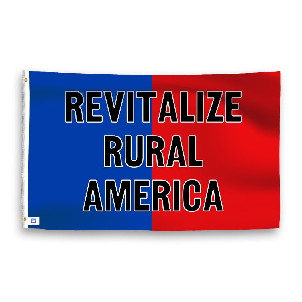 A dual-tone flag containing a political slogan, with a smooth royal blue and deep crimson texture. 